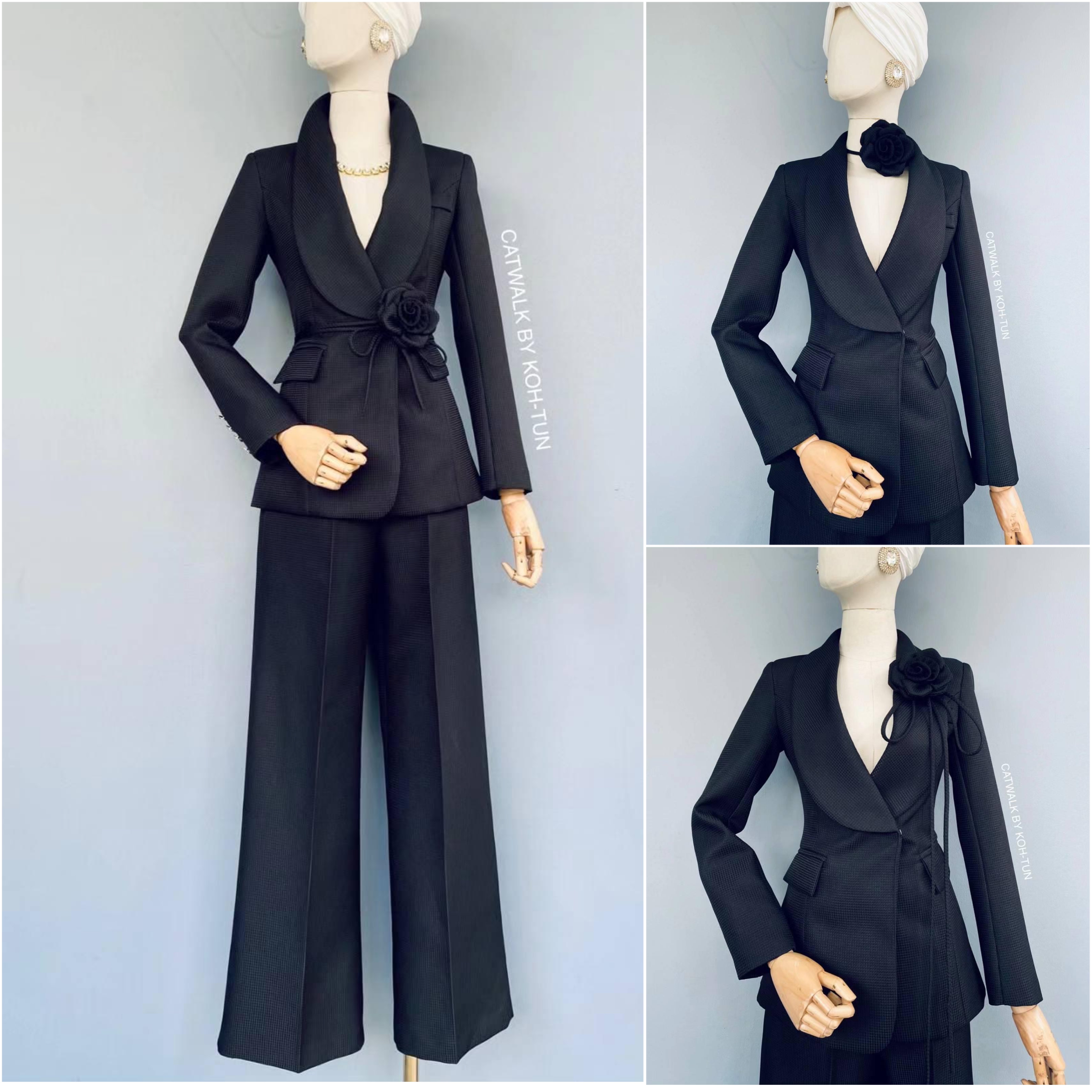 เซตBLAZER ปกกล้วย+กางเกงขายาว + เข็มกลัดดอกไม้ เนื้อผ้าเกรดเอ เป็นผ้าทอมีลายในตัว สินค้าคุณภาพ (พร้อมส่ง)