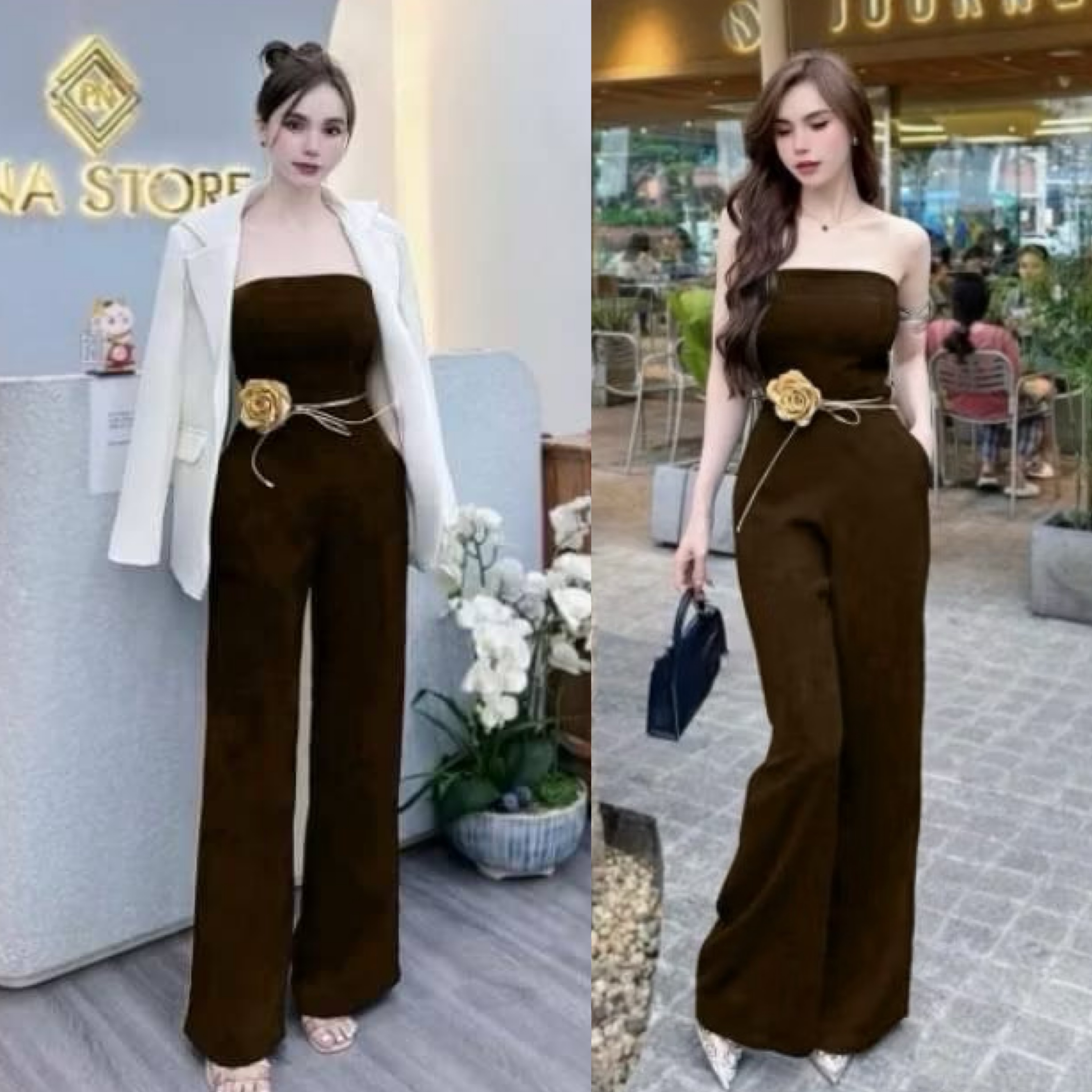 เซต2ชิ้น จั้มสูทเกาะอกขายาวสีนำ้ตาล ทรงสวยเข้ารูปเป๊ะ มีสายผูกเอวดอกไม้3Dสีทองเด่นสวย +เสื้อคลุมสูทสีขาว ใส่สบาย : สินค้าคุณภาพ (พร้อมส่ง) สำเนา