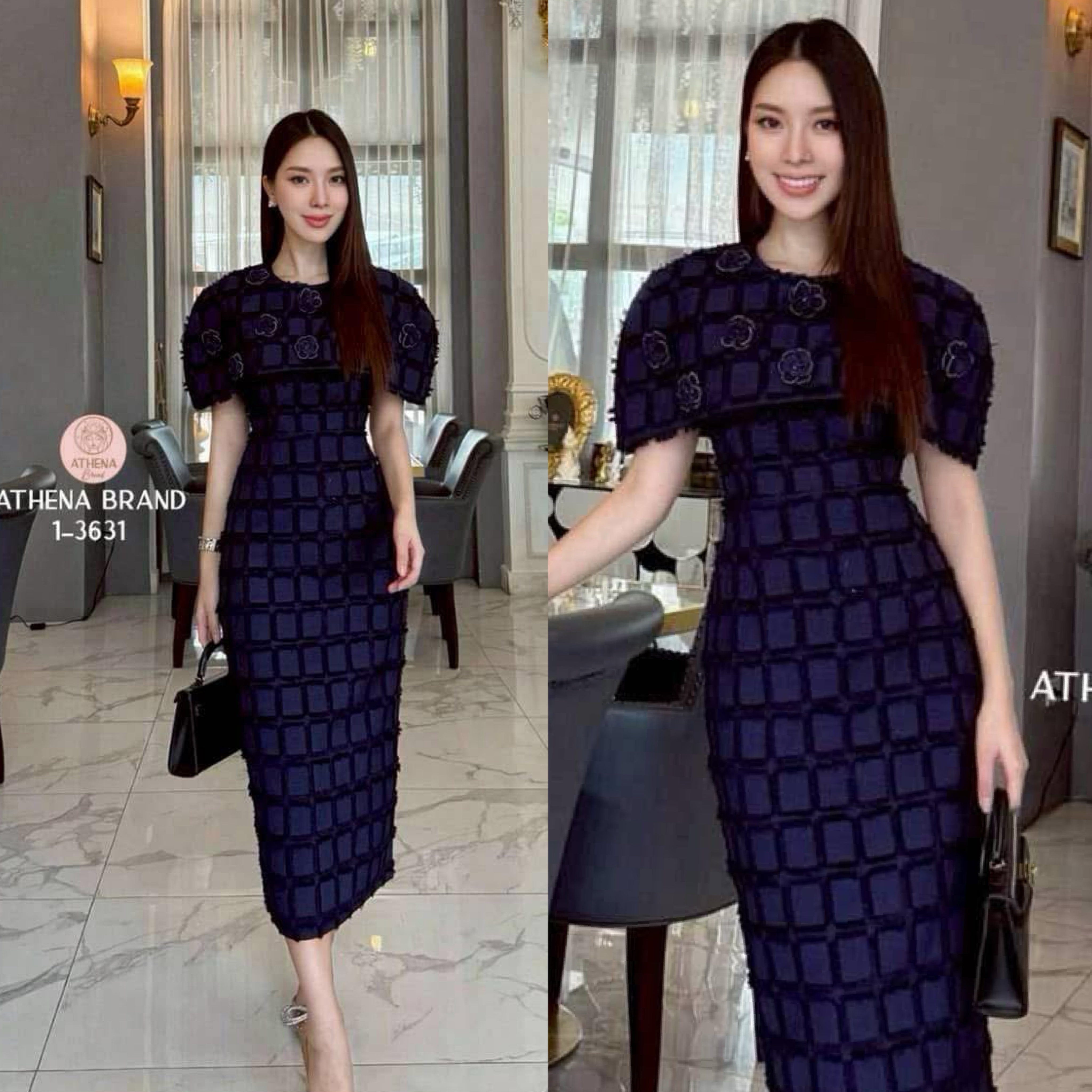 เดรสดีไซน์ทรงคลุมไหล่แต่งอะไหล่ดอกไม้3Dสวยหรูหราโดดเด่น เนื้อผ้าดี๊ดีมีTexture งานมีซับใน ใส่สบาย : สินค้าคุณภาพ (พร้อมส่ง)