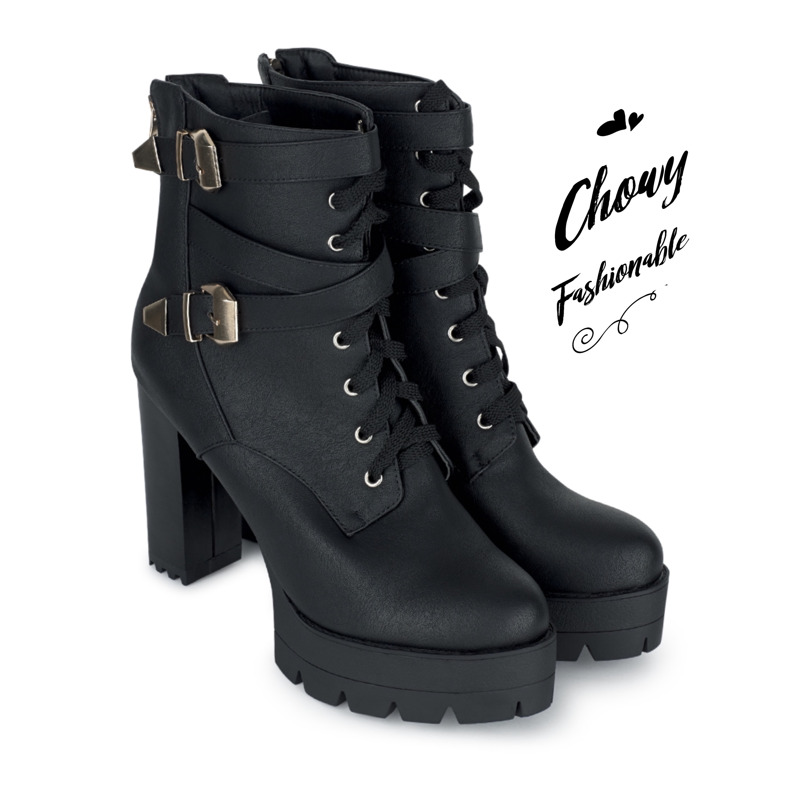 รองเท้าบูทไซส์ใหญ่ 39-48 ส้นหนาสูง 5 นิ้ว มัฟฟินส้นสูง คอสเพย์ สีดำ KR1093BL