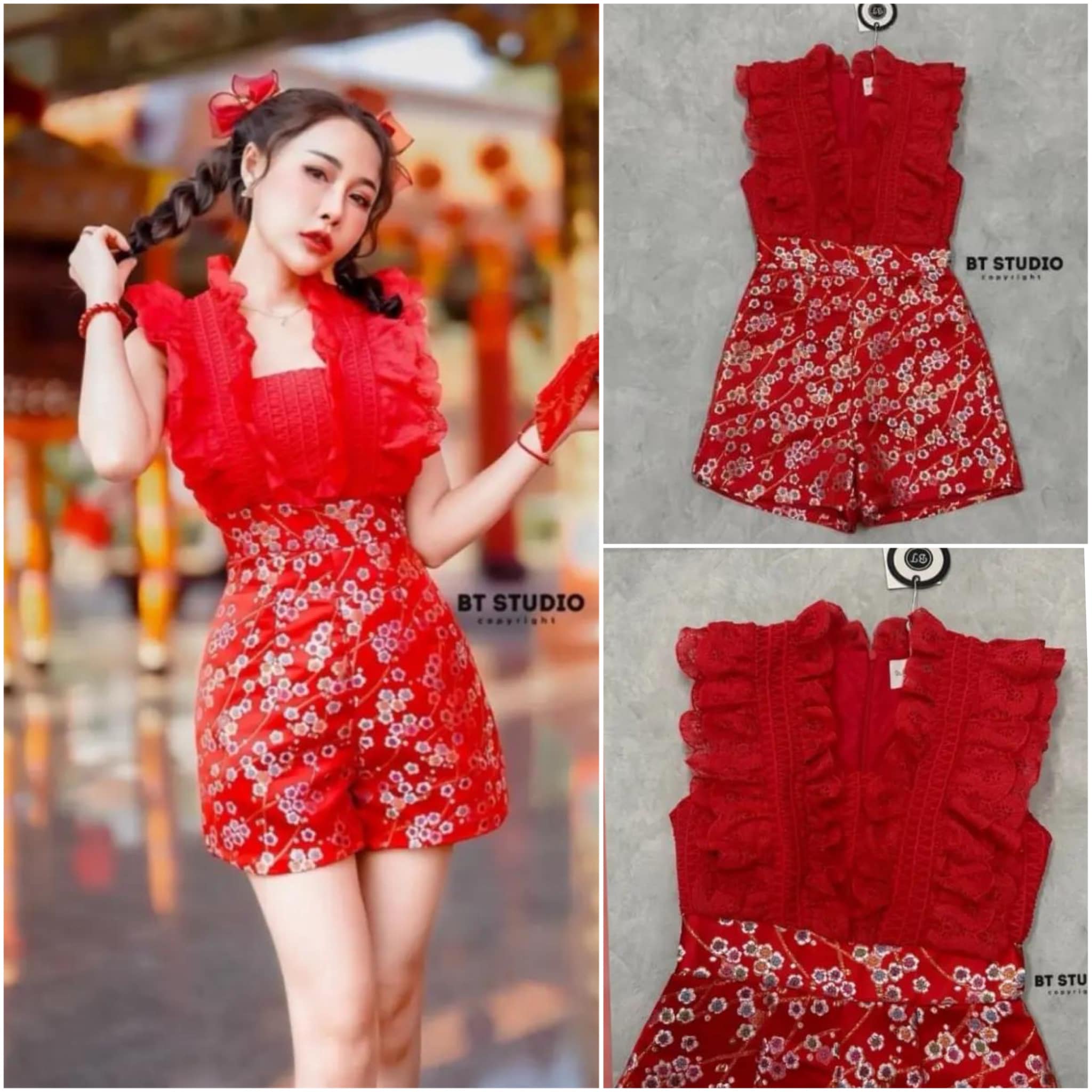 เพลย์สูทขาสั้นช่วงบนแต่งผ้าตาข่าย แต่งระบายลูกไม้ ด้านหลังเป็นผ้าทอลายดอกไม้ หลากสี งานปักแน่น ๆ สินค้าคุณภาพ (พร้อมส่ง)