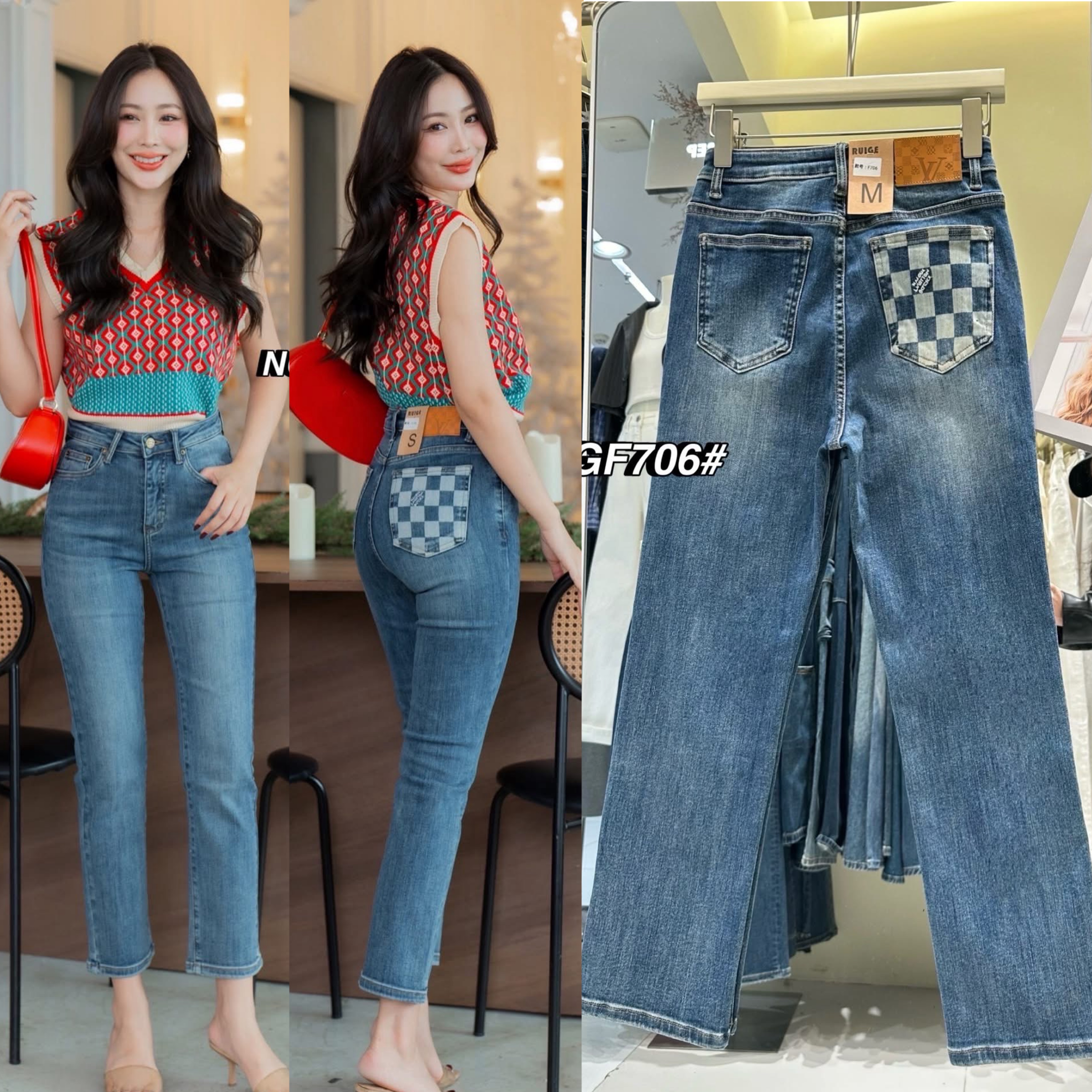 กางเกงยีนส์ขากระบอกเล็ก 8ส่วน สีสวยมาา ทรงเรียบๆ ดีเทลปั๊มโลโก้ตรงกระเป๋าข้างหลัง งานผ้านิ่มมาก ใส่สบายสุดๆ ผ้ายีนส์ยืดหยุ่นได้เยอะค่ะ ใส่ทรงสวยทุกส่วน ใส่สบาย : สินค้าคุณภาพ (พร้อมส่ง)