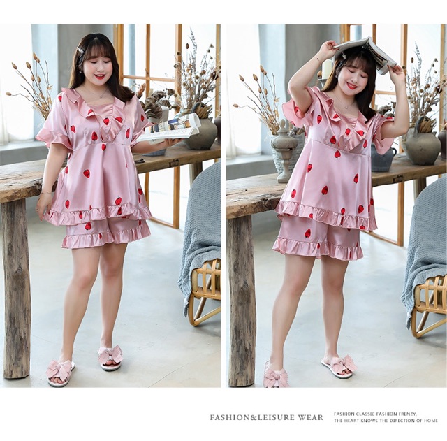 ชุดนอนไซส์ใหญ่ 3XL - 4XL ชุดนอนผ้าซาตินไซส์ใหญ่ ชุดนอนสาวอวบ ชุดนอนคนอ้วน นำเข้าเกาหลี สีชมพู FF0026PK