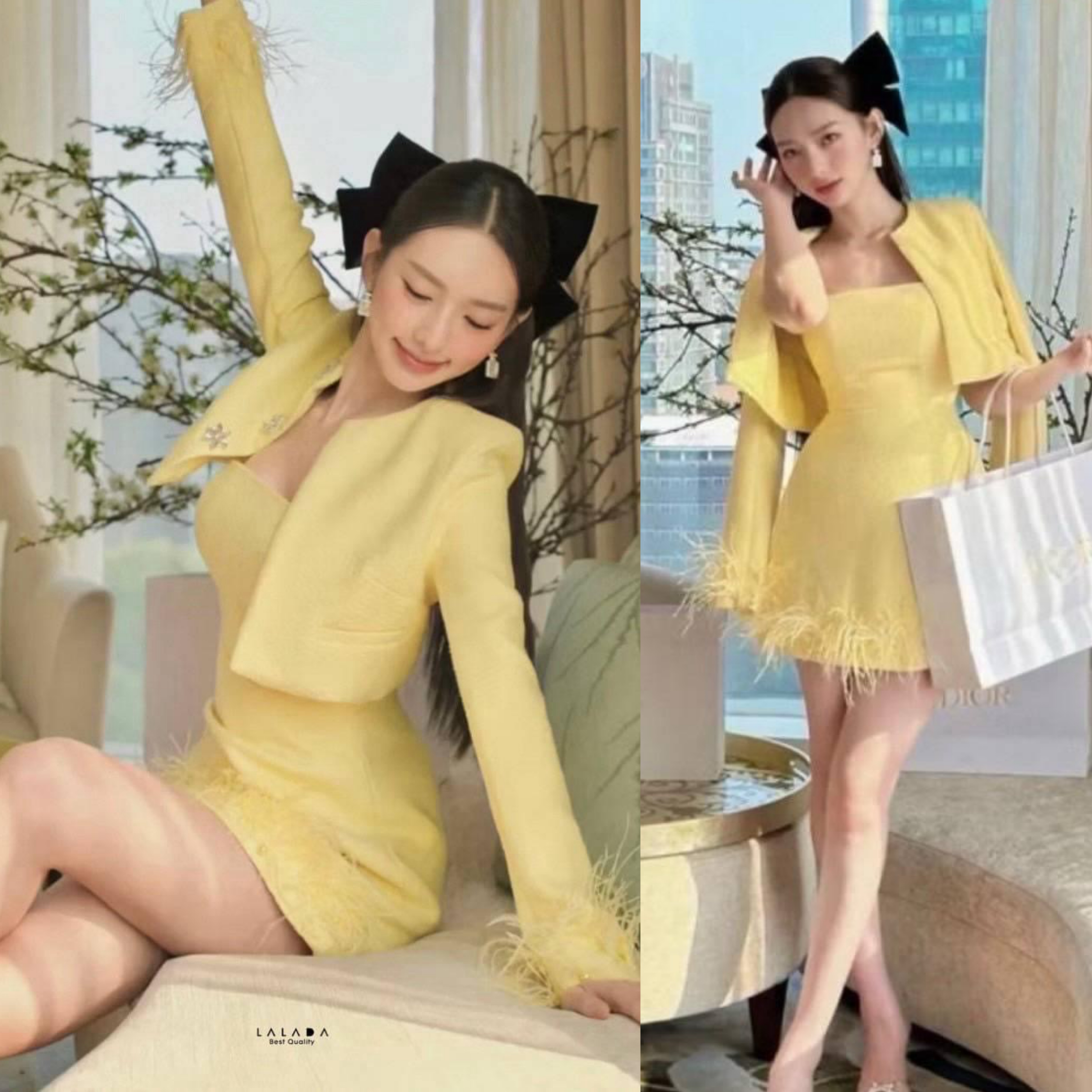 set สูท 2 ชิ้น เกาะอก + สูท เข้ากันอย่างลงตัวสึสวยขัยผิว แต่งขนนกช่วงแขนและชายกระโปรง ตัดเย็บอย่างดี มีซับใน ใส่สบาย : สินค้าคุณภาพ (พร้อมส่ง)