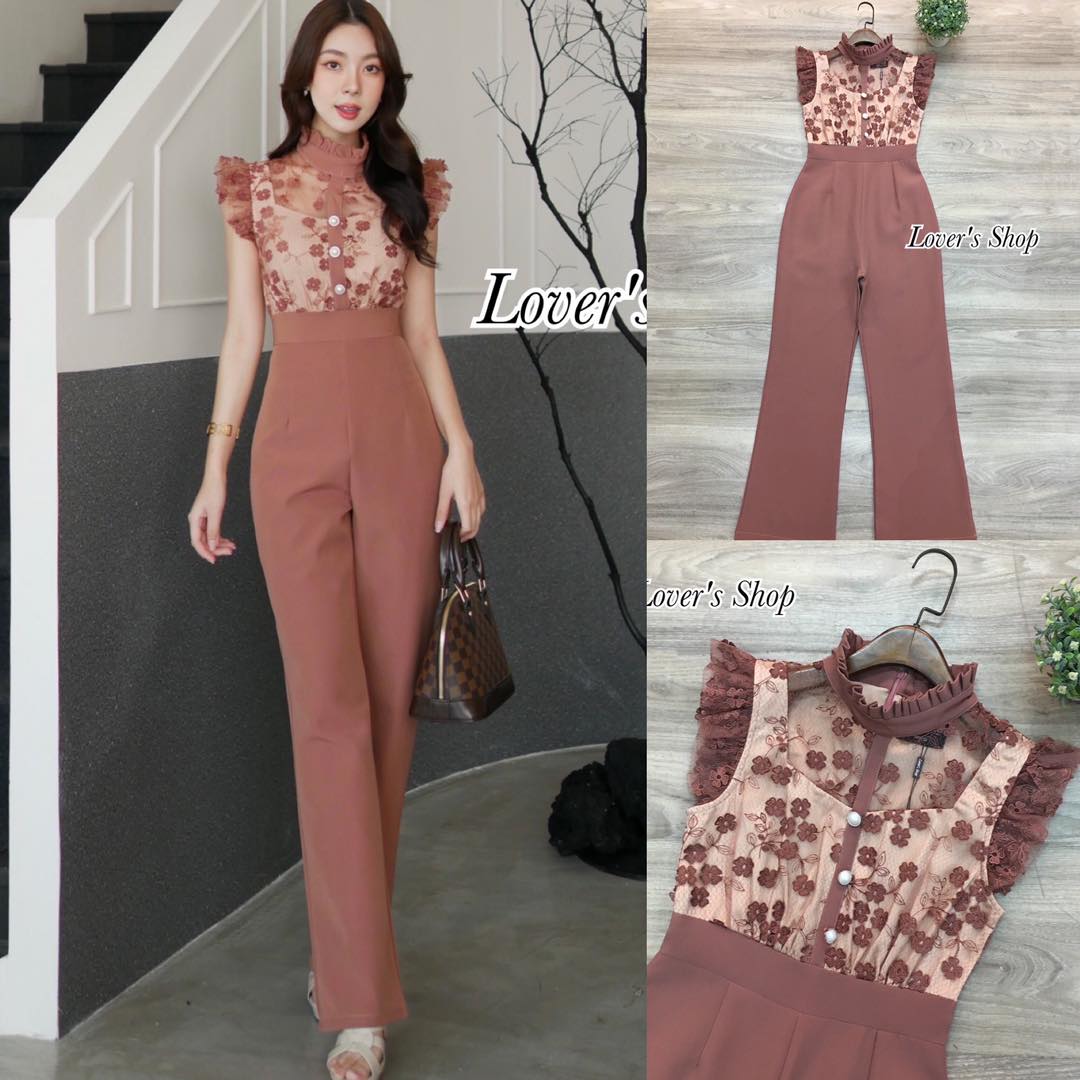 จั้มสูทกางเกงขายาว ลุคสวยหรูดูผู้ดี ทรงสวย ช่วงบนใช้ผ้าลูกไม้เนื้อนุ่มใส่สบาย สินค้าคุณภาพ (พร้อมส่ง)