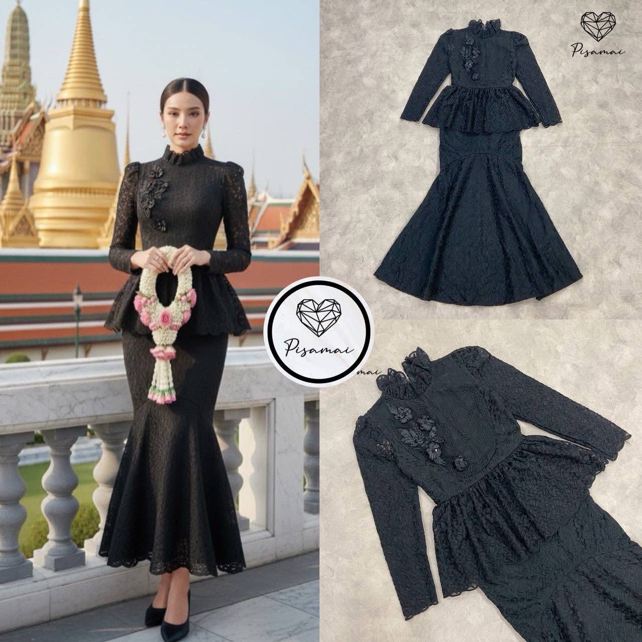 เดรสคอเต่าแขนยาวงานผ้าทอนูนสีดำ ช่วงอกแต่งดอกไม้3D ช่วงชายกระโปรงเป็นงานชายหางปลา ใส่สบาย : สินค้าคุณภาพ (พร้อมส่ง)