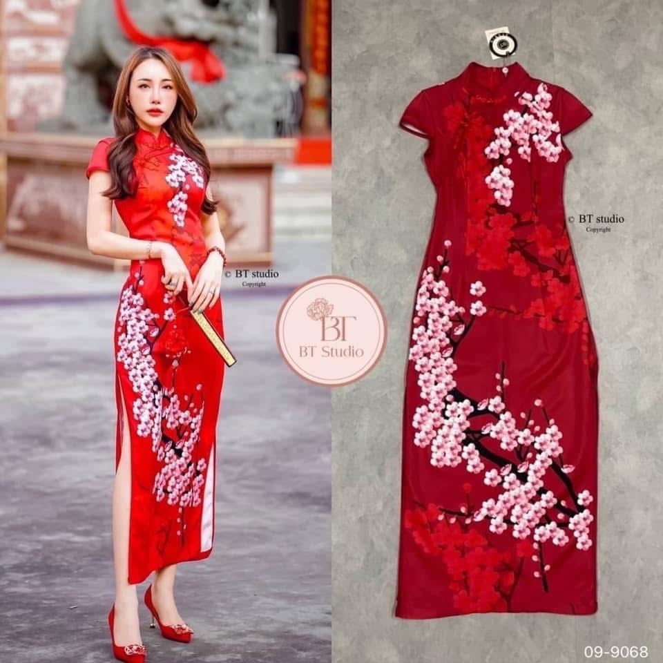 เดรสกี่เพ้า แต่งคอจีน พื้นสีพิมพ์ลายสวยม๊าก ห้ามพลาดเลยคร้าา limited ม๊ากคร้า ใส่สบาย : สินค้าคุณภาพ (พร้อมส่ง)