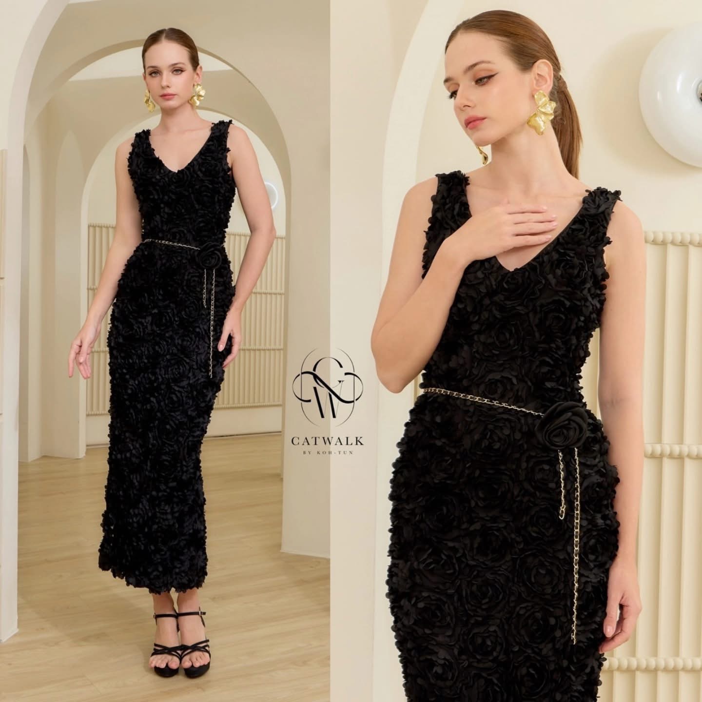 แม็กซี่เดรสผ้าดอกกุหลาบ+เข็มขัดโซ่แต่งเข็มกลัดดอกไม้ ตัวชุดเป็นทรงเข้ารูป แขนกุด คอวี เนื้อผ้าเกรดเอผ้านุ่ม ใส่สบาย : สินค้าคุณภาพ (พร้อมส่ง)