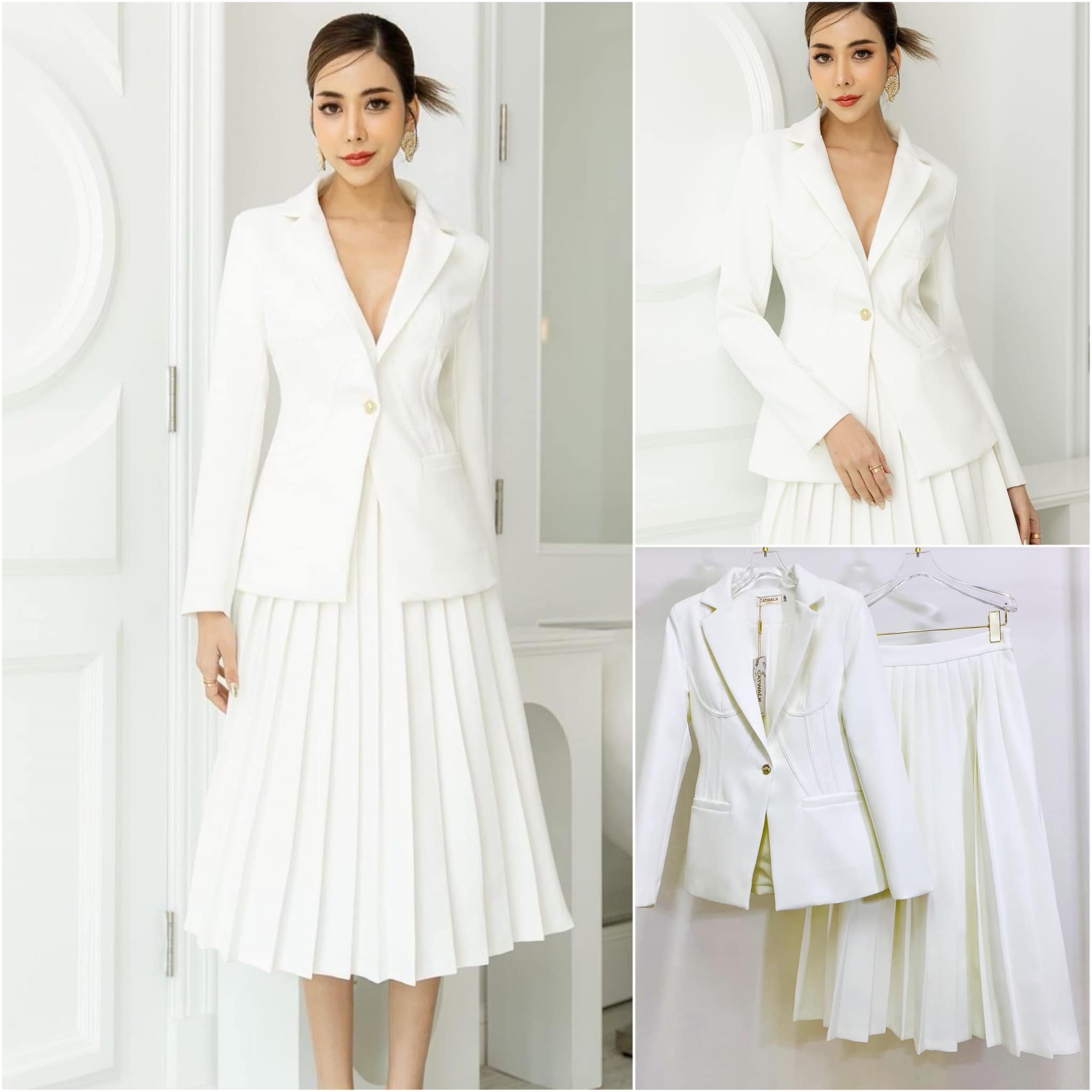 เซตBLAZER +กระโปรงจับจีบรอบ เนื้อผ้าเกรดเอ ตัวBLAZERเป็นทรง ข้ารูป มีกระเป๋า 2 ข้างใช้งาน ได้จริง มาคู่กับกระโปรงจีบจีบรอบตัว ใส่สบาย สินค้าคุณภาพ (พร้อมส่ง)