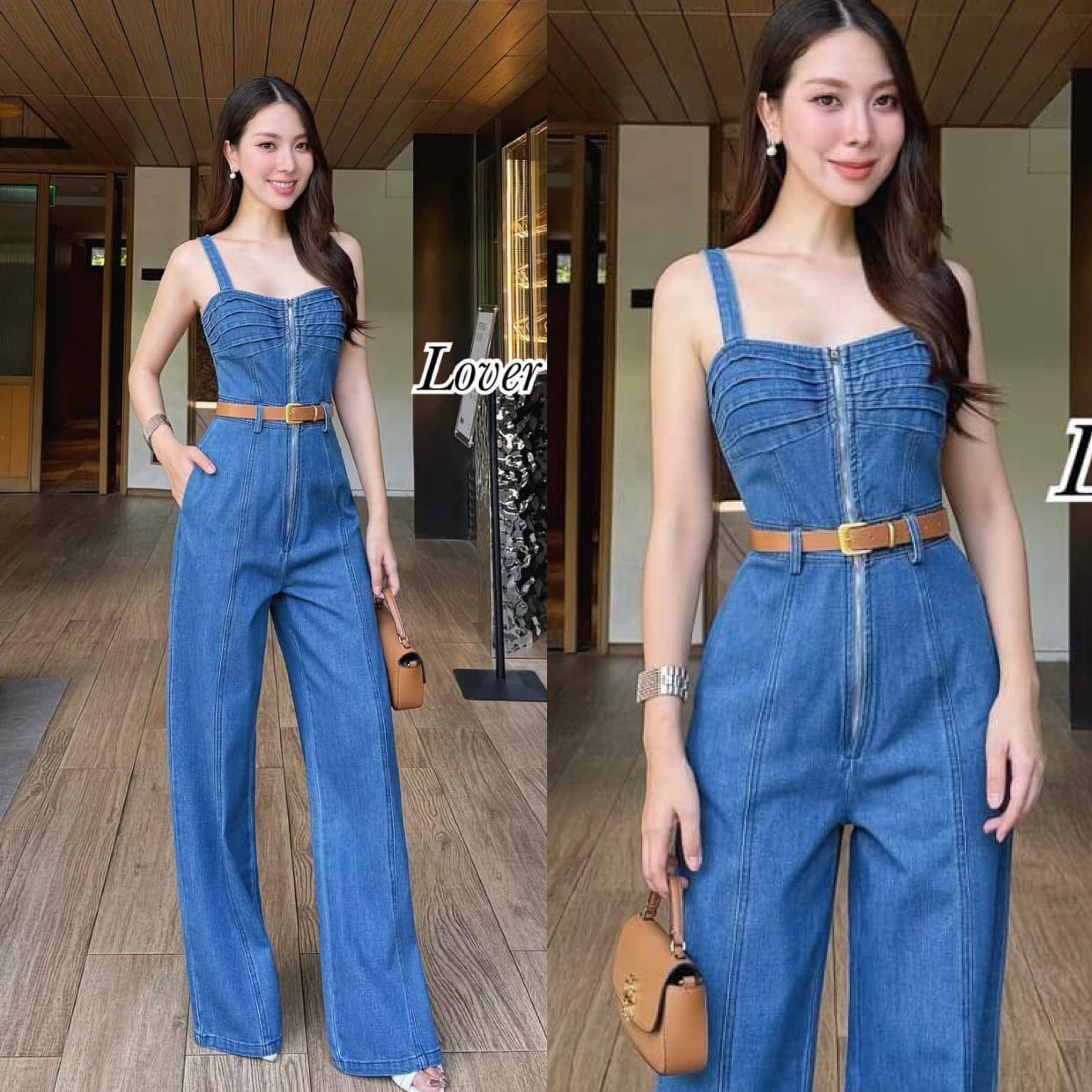 จั้มสูทยีนส์ขายาว มาพร้อมเข็มขัดหนัง ใส่สบาย : สินค้าคุณภาพ (พร้อมส่ง)