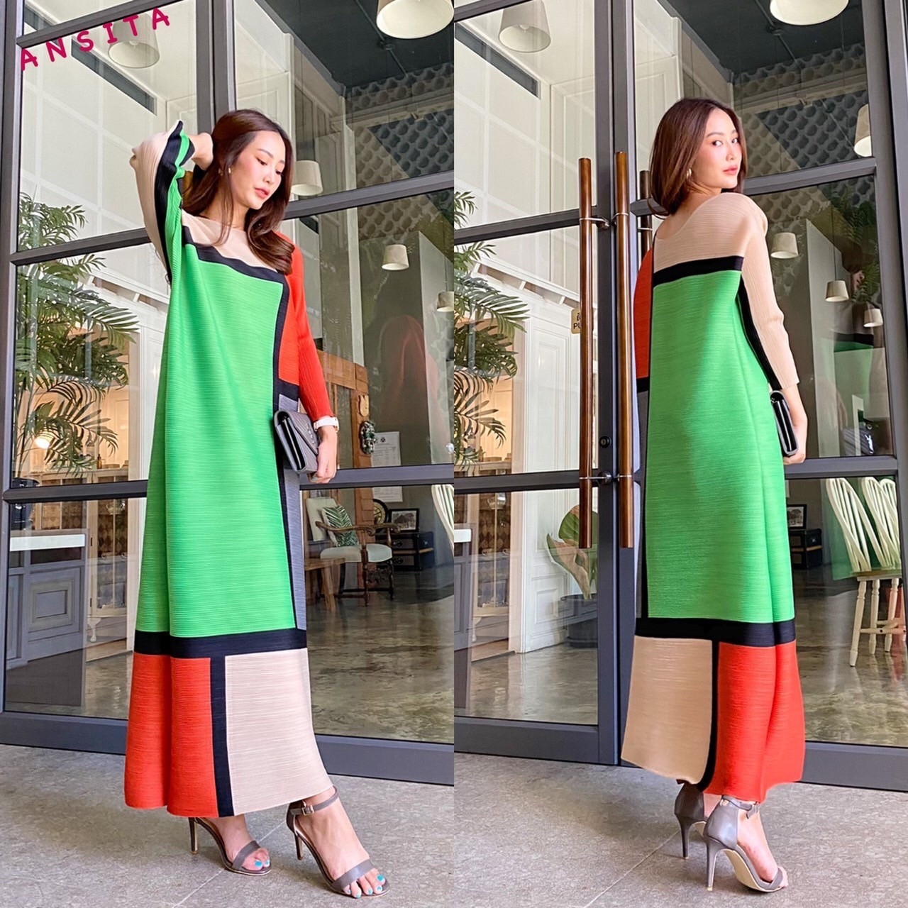 Dress อัดพลีท 100% เนื้อเดียวกับงานแบรนด์ 🤗 ดีไซด์ตัวยาว แขนยาว อัดพลีทแน่นๆ แต่งความหรูด้วย การเล่น 🔷🔶สีตัดสีเหลี่ยมใหญ่สุดคลาสิค . สินค้าคุณภาพ (พร้อมส่ง)