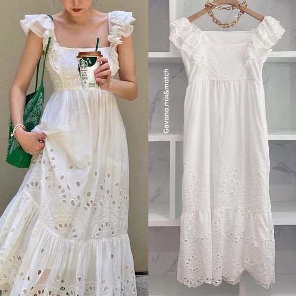 Maxidress สายเดี่ยวเเต่งระบาย เนื้อผ้าลูกไม้ รูดซิปข้างมีซับในอย่างดี ใส่สวยสไตล์korea เลยค่า เนื้อผ้าอย่างดี สินค้าคุณภาพ (พร้อมส่ง)