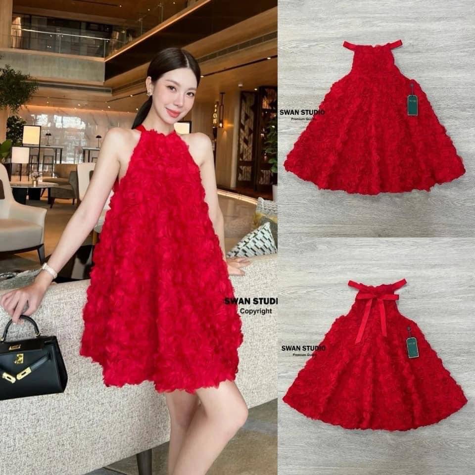 เดรสดอกไม้ 3D สีแดงสด ใส่คริสต์มาส ปีใหม่ ตรุษจีน รุ่นนี้ทางเราสั่งทอใหม่ให้ดอกแน่นๆชิดๆ สวยอลังหรูหราสุดๆค่า ใส่สบาย สินค้าคุณภาพ (พร้อมส่ง)