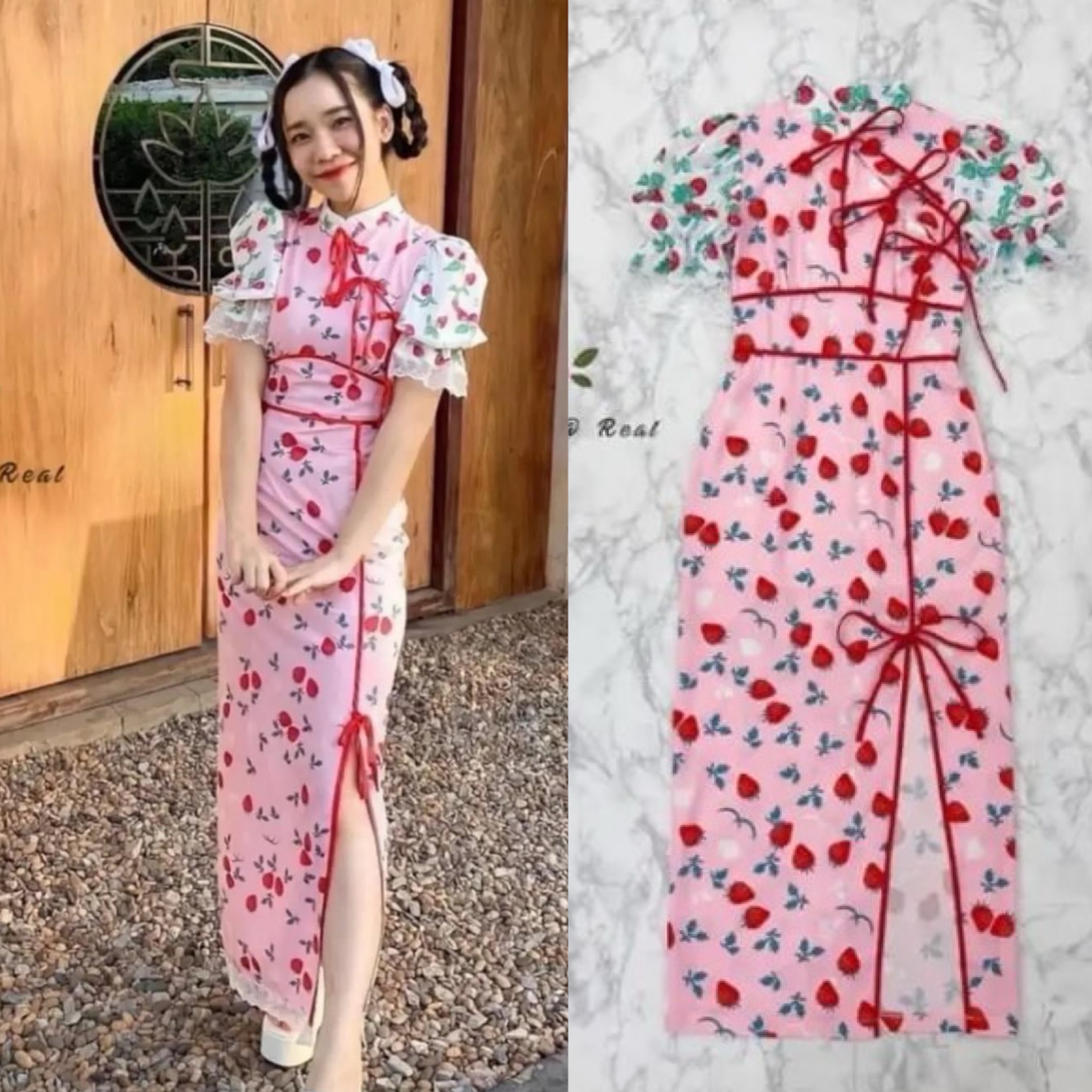 Dress เดรสกี่เพ้าตัวยาวแสนสวยช่วงแขน พองสลับสี ตัวเดรสกุ๊นขอบแดง ชายเดรสผ่าข้าง ใส่สบาย สินค้าคุณภาพ (พร้อมส่ง)