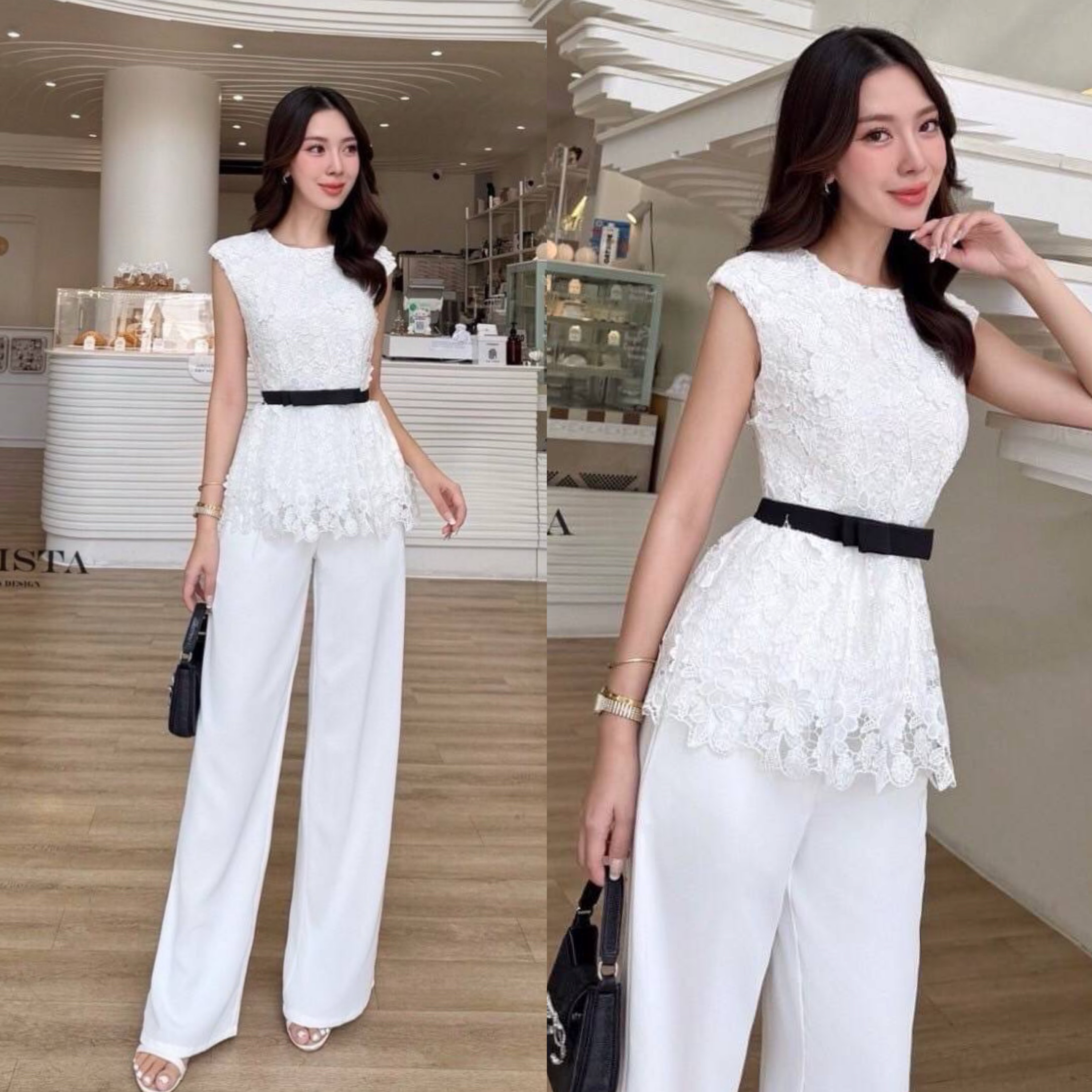 เซตเสื้อแขนกุด ผ้าลายลูกไม้ มาพร้อม กางเกงขายาวเข้าชุด ใส่สวยน่ารักมากๆ ใส่สบาย : สินค้าคุณภาพ (พร้อมส่ง)