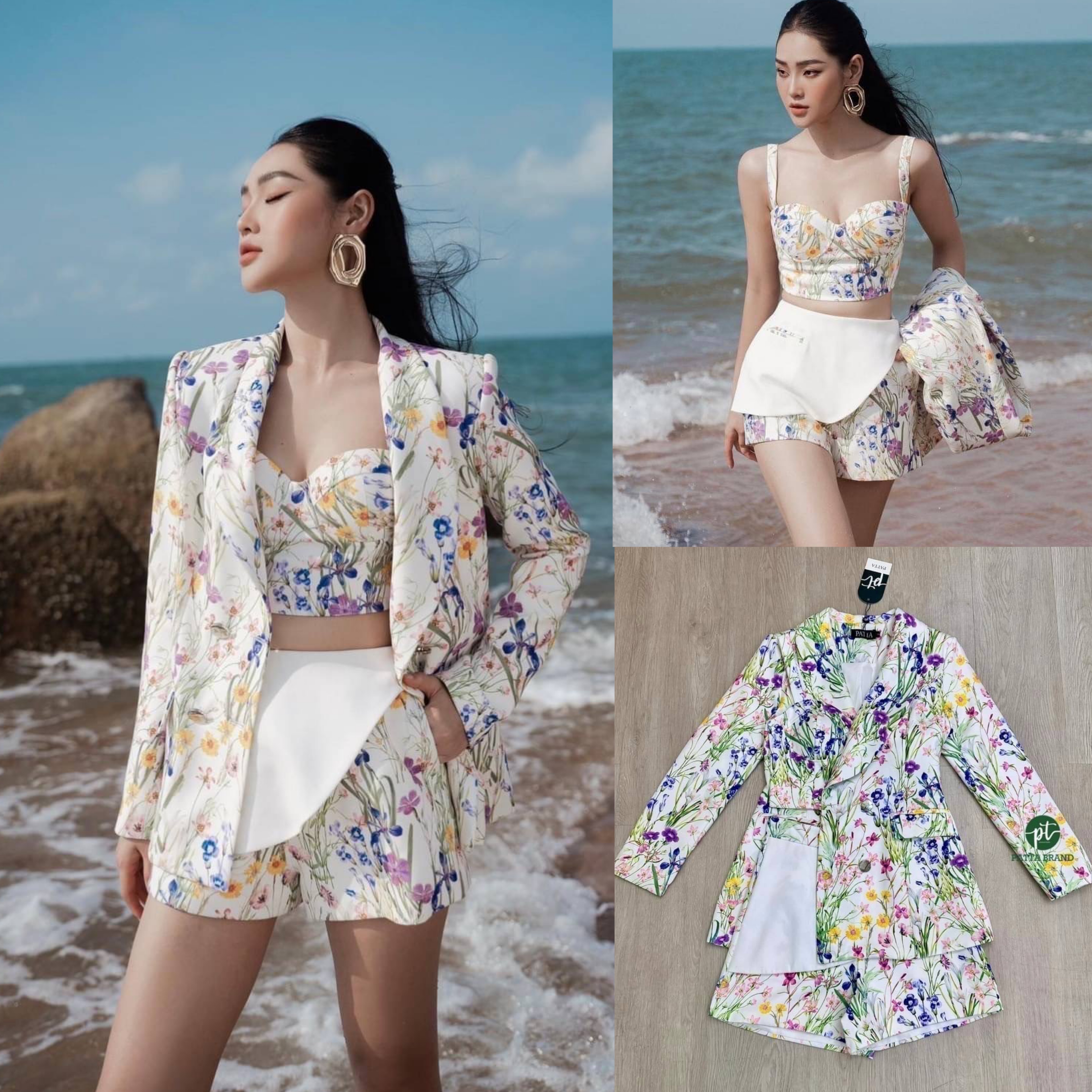 Setสูท3ชิ้นพิมพ์ลายดอกไม้สีสัน เสื้อคลุมสูทแขนยาวคอปกไหล่เย็บเสริม +เสื้อครอปตัวสั้นสายเดี่ยวอกเย็บเสริมฟองน้ำ มาคู่กางเกงขาสั้นพิมพ์ลายเดียวกัน สินค้าคุณภาพ (พร้อมส่ง)