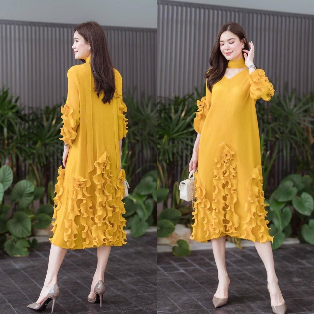 เดรสอัดพลีท งาน AA Premium 🥰 แพตเทิร์นคอวี แขน 3 ส่วน ดีเทลแต่ง แขนพุ่ม 👍🏻 สินค้าคุณภาพ (พร้อมส่ง)