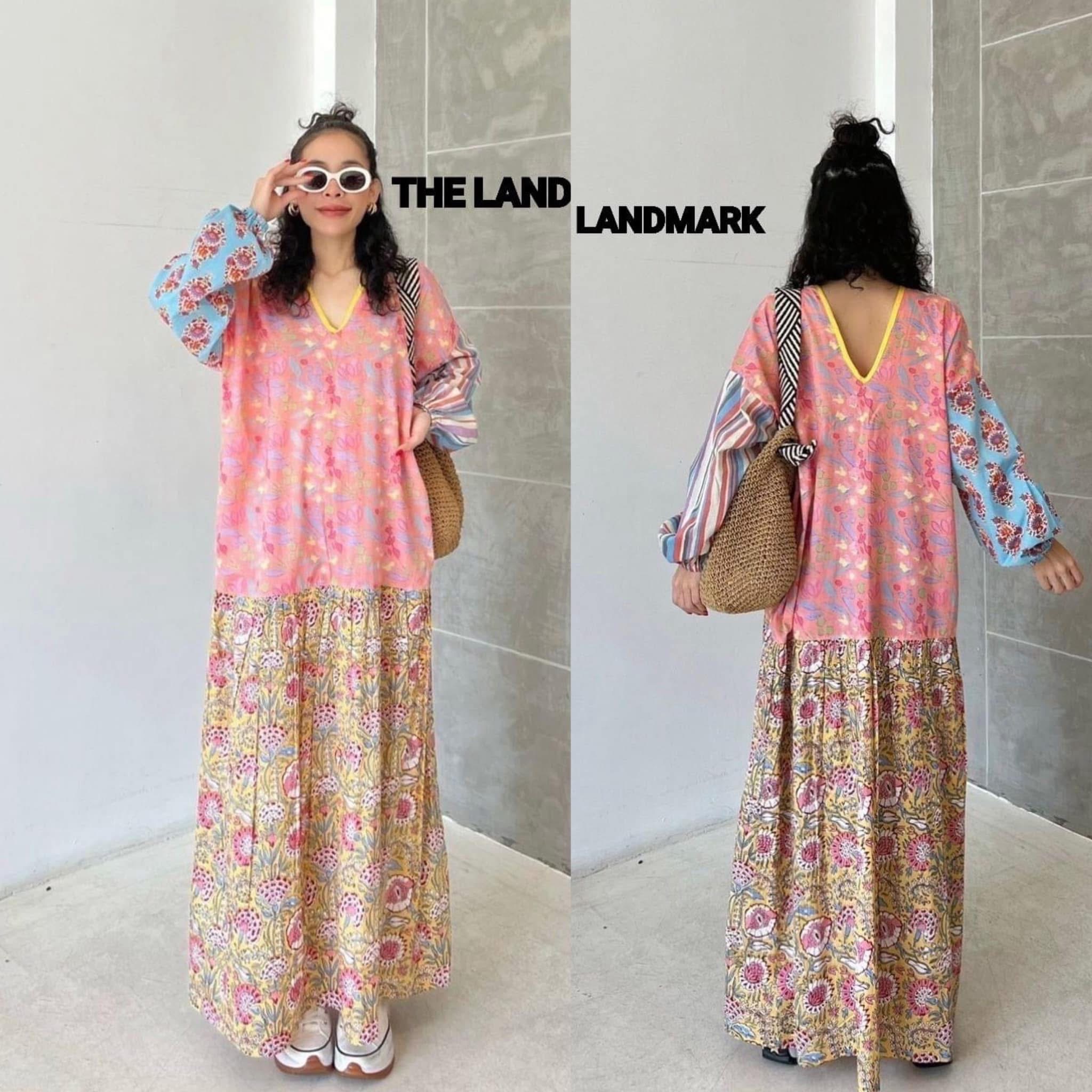 เดรสผ้าบล็อคคอทตอลอินเดีย ดีไซน์คอวีหน้า~หลัง กุ๊นคอ แขนยาวสม็อคปลายแขน ต่อลาย แพทเทิร์นทรงปล่อย ใส่สบาย ใส่สบาย : สินค้าคุณภาพ (พร้อมส่ง)