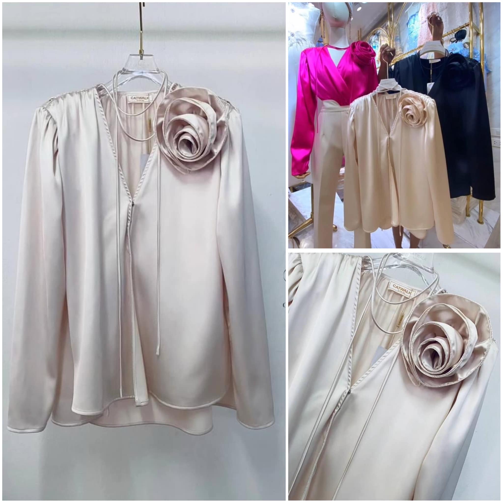 เสื้อผ้าซาตินป้ายหน้า+เข็มกลัดดอกกุหลาบ เนื้อผ้าซาตินเกรดเอ ใส่สบาย : สินค้าคุณภาพ (พร้อมส่ง)