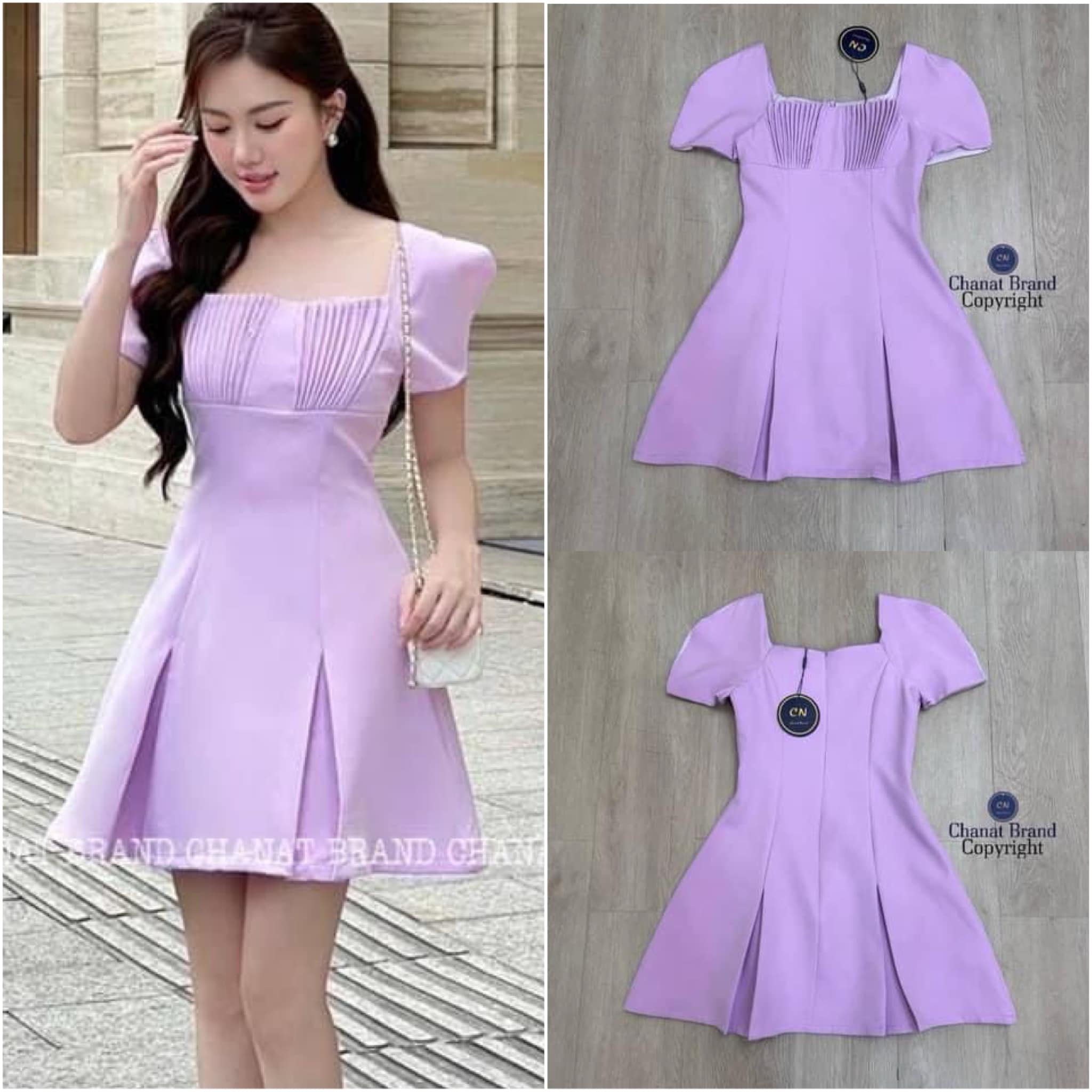 มินิเดรสม่วงแขนสั้นดีไซน์ผ่าแขนเก๋ๆ อกเย็บจับจีบดีไซน์สวย : สินค้าคุณภาพ (พร้อมส่ง)