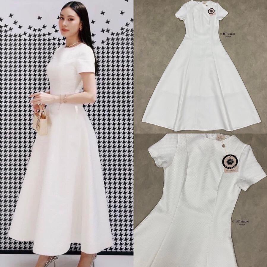 เดรสยาวแขนสั้นคอกลม ซิปหลัง อกเอวเข้ารูป กระโปรงบานออก ผ้าสวยม๊าก มีลายในตัว สินค้าคุณภาพ (พร้อมส่ง)