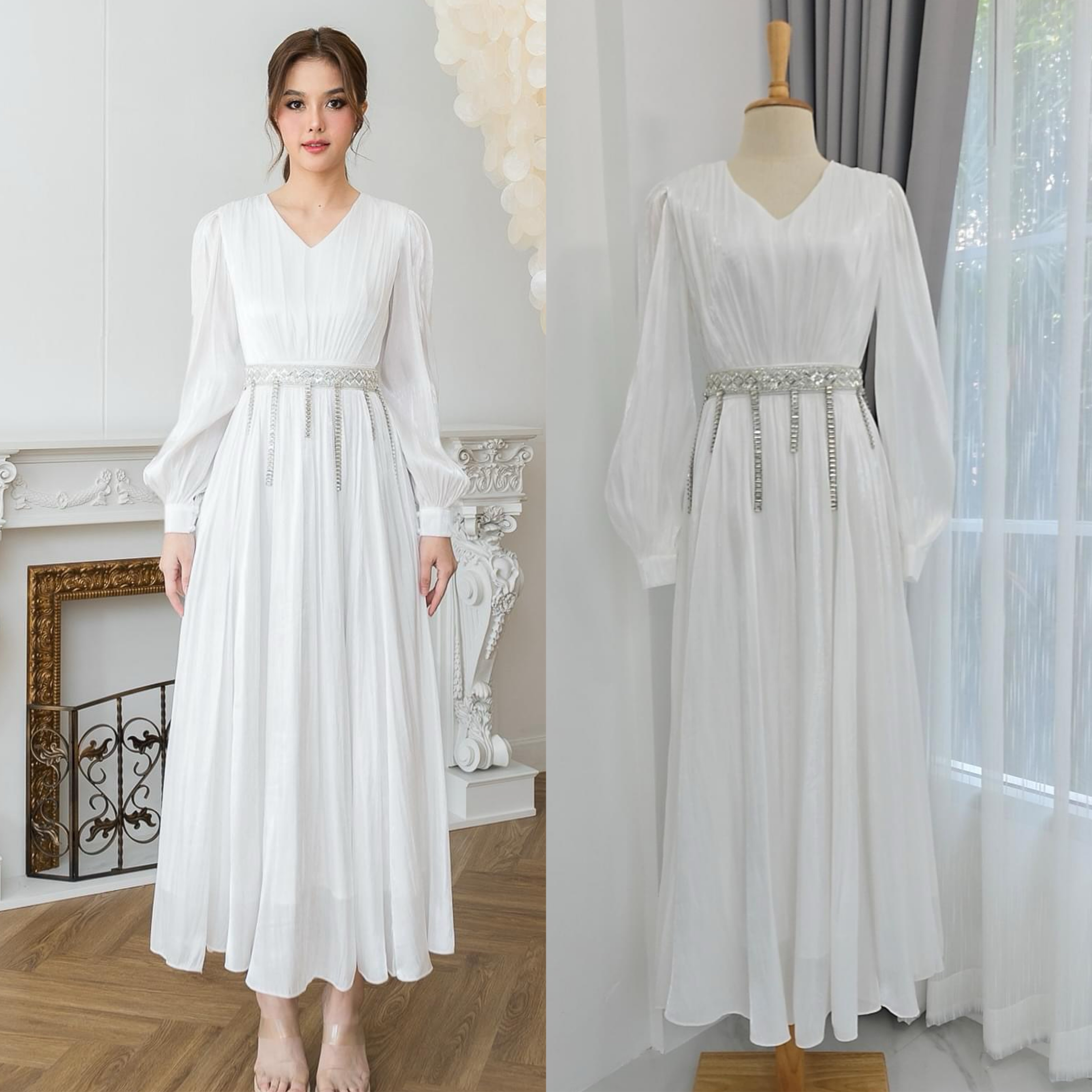 แม็กซี่เดรสเสื้อคอวีแขนยาว กระโปรงบาน ดีเทลตัวเสื้อเดรปแบบรูดใต้อกและกระโปรง ใส่สบาย : สินค้าคุณภาพ (พร้อมส่ง)