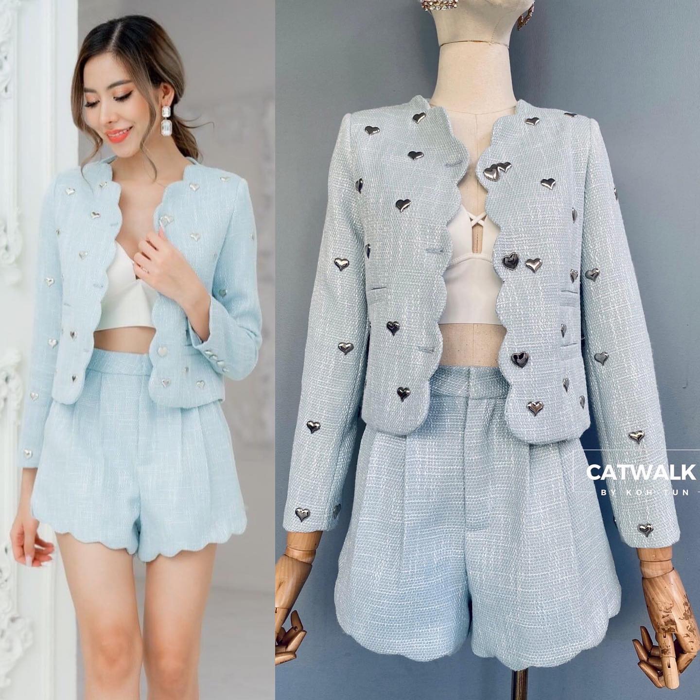 เซตเสื้อคลุมผ้าทวีตชาแนลแต่งหมุดรูปหัวใจ +กางเกงขาสั้นทรงสวย เนื้อผ้าทวีตเกรดเอ ตัวเสื้อ เป็นทรงกึ่งเข้ารูป ขอบเสื้อตัดเย็บเป็นทรงโค้งหยัก ทั้งตัวน่ารักมาก : สินค้าคุณภาพ (พร้อมส่ง)