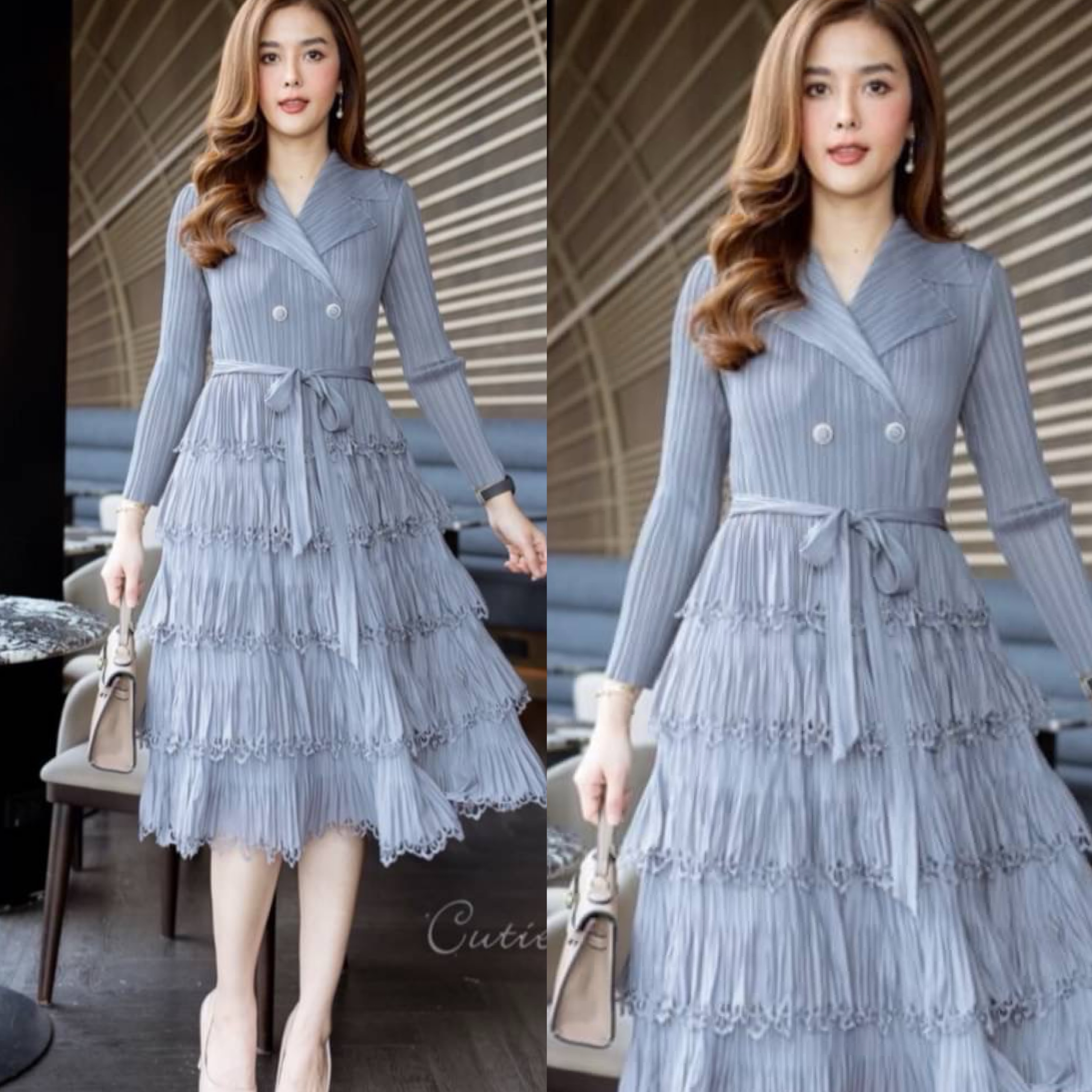 เดรสผ้าอัดพลีท มาพร้อมงานฉลุที่ปลาย กระโปรง งานแต่งดีเทลด้วยพู่เป็นชั้นๆ ปกคอเทเลอร์ มาพร้อมเชือกผูก ชุดยืดหยุ่น ได้ทั้งตัว ทรงชุดเข้ารูป ใส่แล้วดูดี งานสวย เรียบหรูค่ะ ใส่สบาย สินค้าคุณภาพ (พร้อมส่ง)