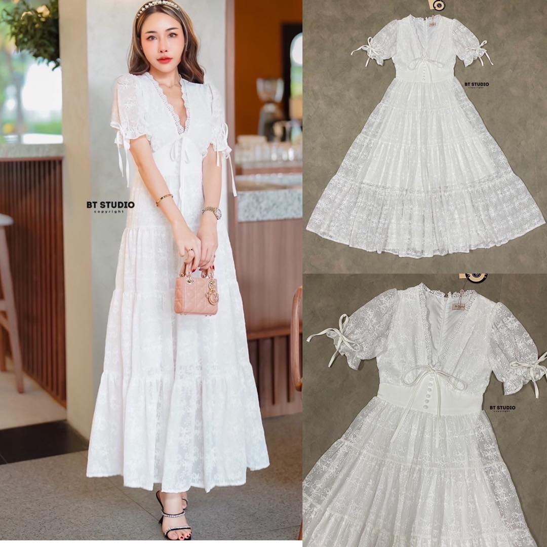 แม๊กซี้เดรสลูกไม้แขนสั้น กระโปรงยาว คอวีช่วงแขนแต่ง ลูกไม้ผูกโบที่กลางอก และปลายแขน สองข้าง สินค้าคุณภาพ (พร้อมส่ง)