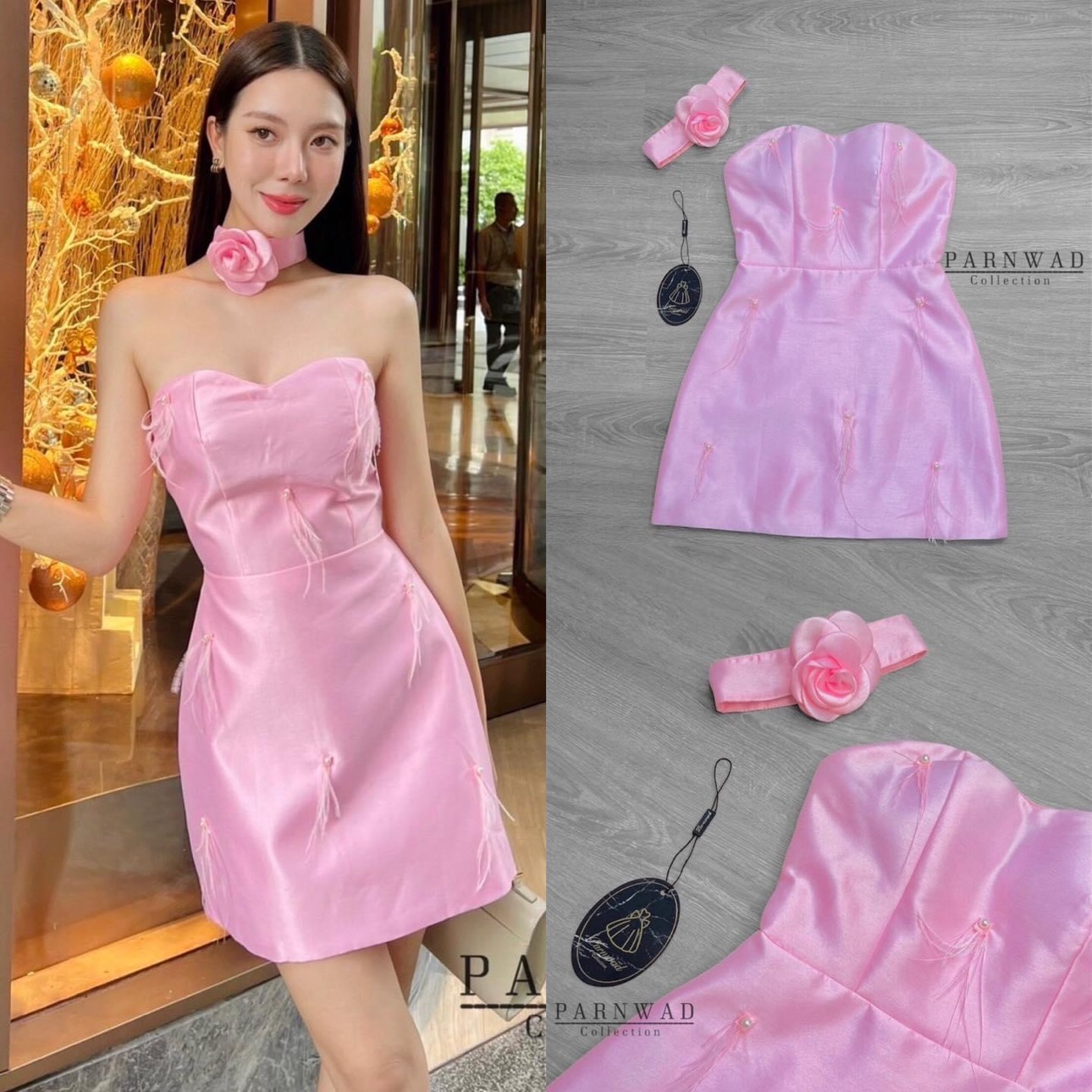 เดรสเกาะอกแต่งขนนกตามตัว หน้าอกเสริมฟองน้ำ มาพร้อมกับโชคเกอร์ดอกไม้ ดูละมุนและแมทซ์เข้าชุด ใส่สบาย สินค้าคุณภาพ (พร้อมส่ง)