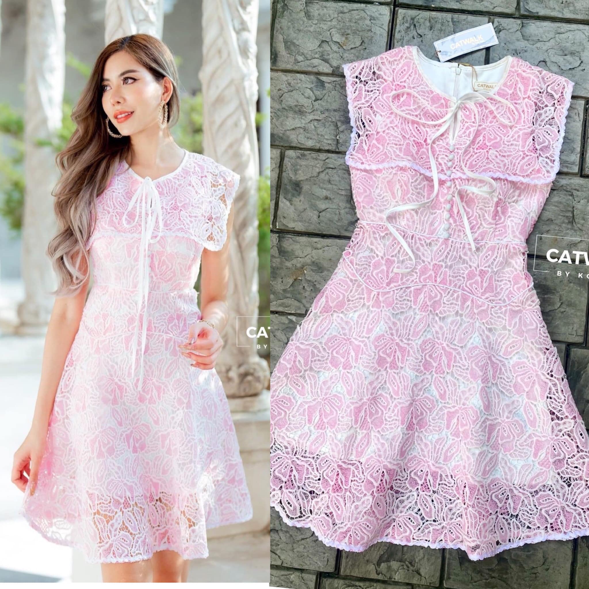 เดรสลูกไม้ ผ้าลูกไม้เนื้อนิ่มใส่สบาย ลายทอสวย ตัวชุด ช่วงบนเป็นทรงเข้ารูป กระโปรงเป็นทรงเอ หน้าอกแต่งกระดุมปั้มเรียงเม็ด มีสายโบว์ ที่คอชุดน่ารักมาก สินค้าคุณภาพ (พร้อมส่ง)