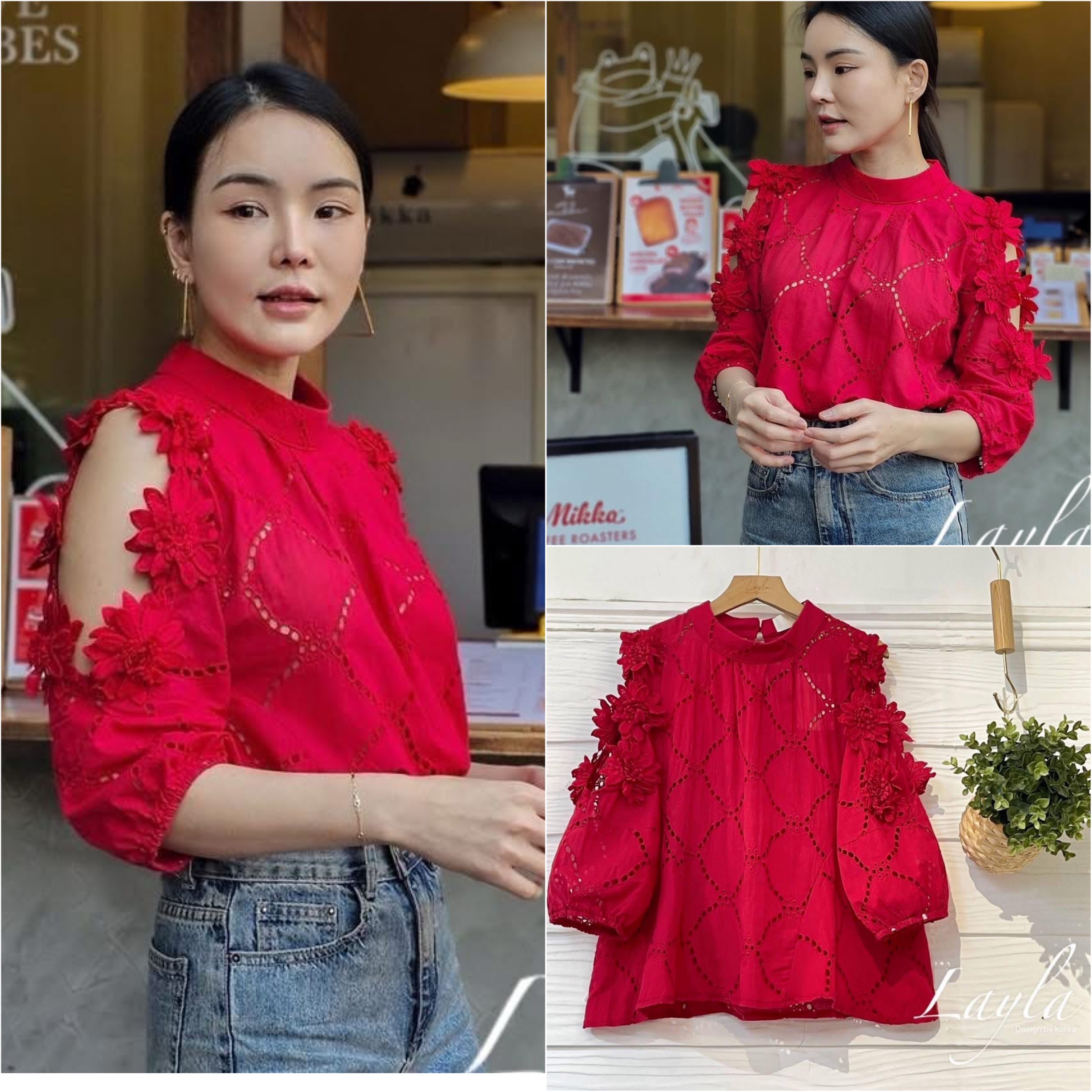 เสื้อคอตตอนฉลุเว้าไหล่ แต่งดอกไม้สวยๆ ทรงเอน่ารัก ใส่ปล่อยๆ ใส่สบาย : สินค้าคุณภาพ (พร้อมส่ง)