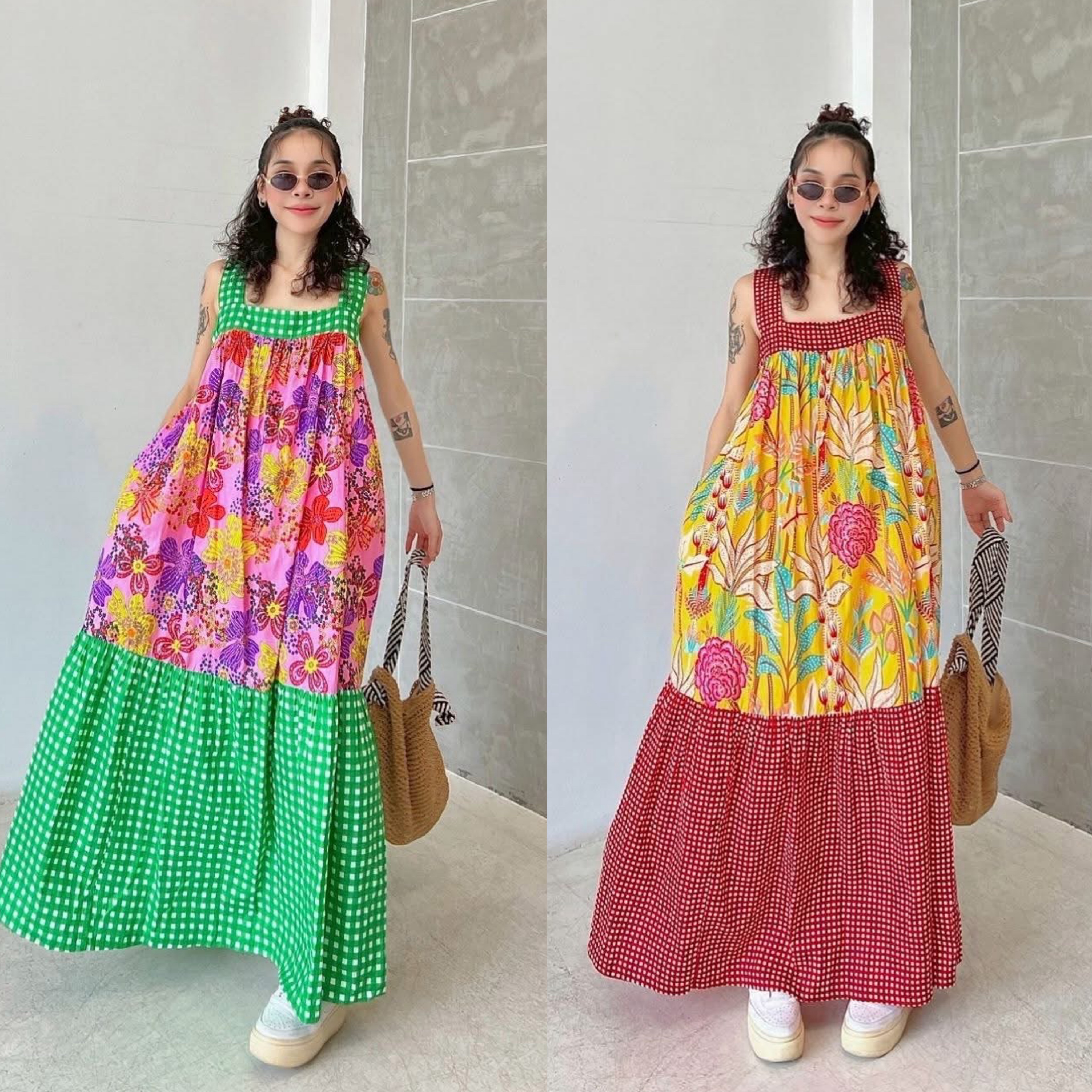 เอี๊ยมกระโปรง ผ้าบล็อคคอทตอลอินเดีย ดีไซน์ผูกโบว์หลัง ระบายชายตัดต่อลาย งานมีสม็อคหลัง+กระเป๋าล้วง ใส่สบาย : สินค้าคุณภาพ (พร้อมส่ง)