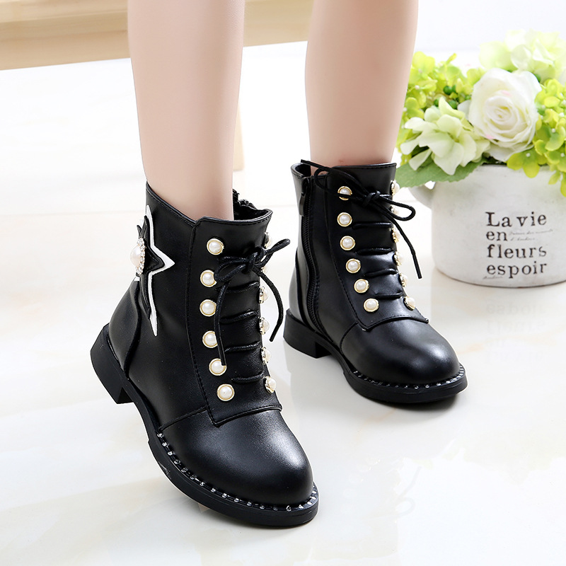 รองเท้าบู๊ทเด็ก สีแดง/สีดำ ลายดาวสวยเท่ มีซิปข้าง Size 27-38