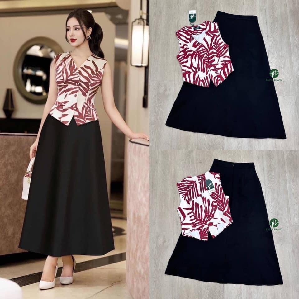 Set 2 ชิ้น เสื้อแขนกุดพิมพ์ลายใบไม้ สีแดง ดีเทลแต่งกระดุมหน้าใช้งานได้จริง และ แต่งขอบกระเป๋าหลอกเก๋ๆ มาคู่กับกระโปรงยาว : สินค้าคุณภาพ (พร้อมส่ง)