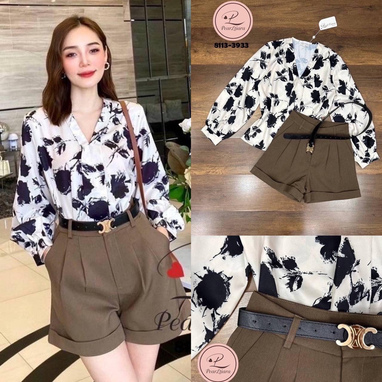 Set 3 ชิ้น เสื้อลวดลายสวยเท่ห์ +กางเกงขาสั้น +เข็มขัด ใส่สบาย : สินค้าคุณภาพ (พร้อมส่ง)