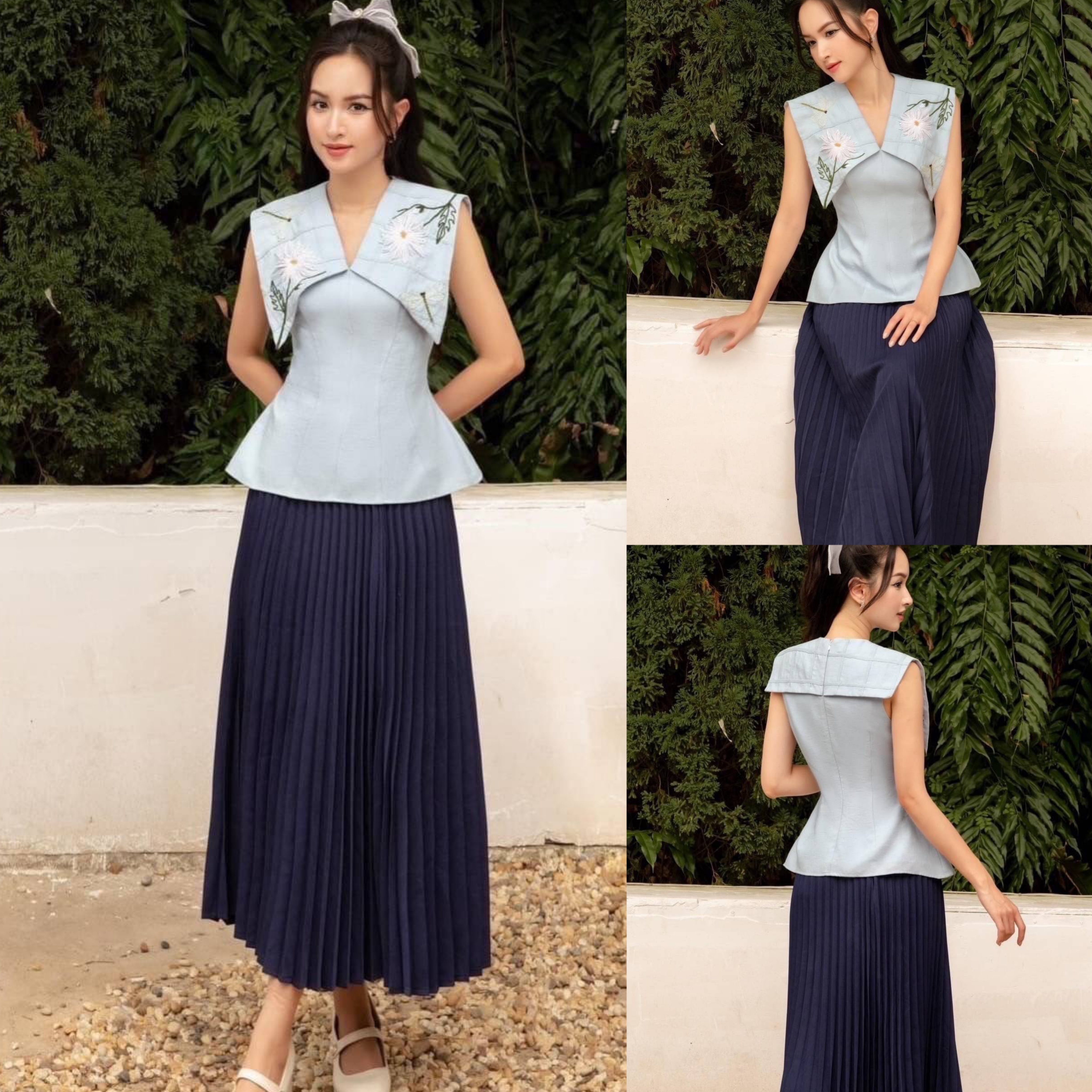 Set 2ชิ้น เสื้อแขนกุดสีฟ้าคอปก อกเย็บเสริมฟองน้ำ มีซิปหลัง ทรงเข้ารูปสวย มาคู่กับกระโปรงสีกรมอัดพรีทคุมเข่า (ซิปข้าง) ใส่สบาย สินค้าคุณภาพ (พร้อมส่ง)