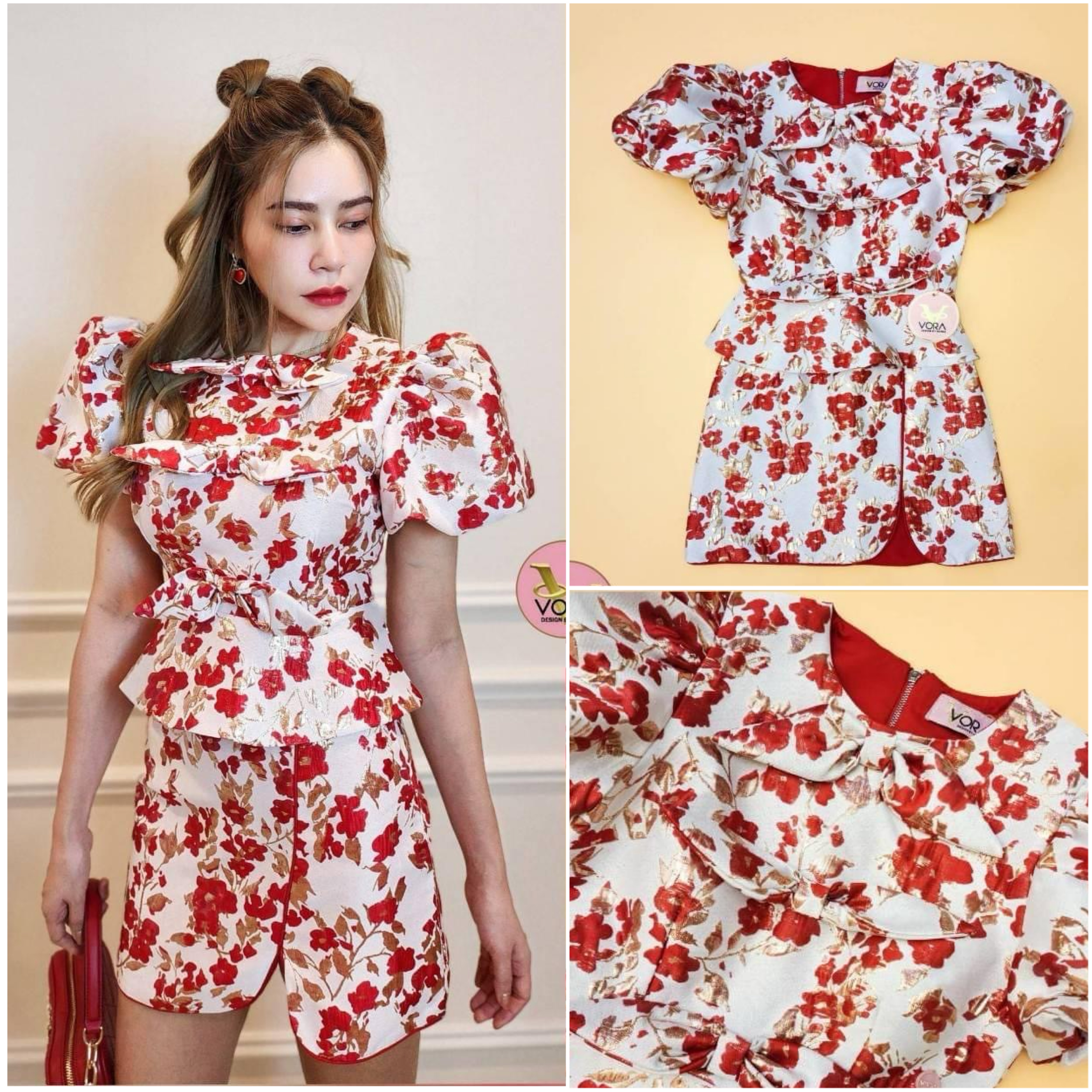 Set เสื้อแขนพอง แต่งโบว์เรียงด้านหน้า ช่วงอกมีฟองน้ำให้ค่า ทรงเข้ารูป มาพร้อมกระโปรง สั้นเข้าชุด สินค้าคุณภาพ (พร้อมส่ง)