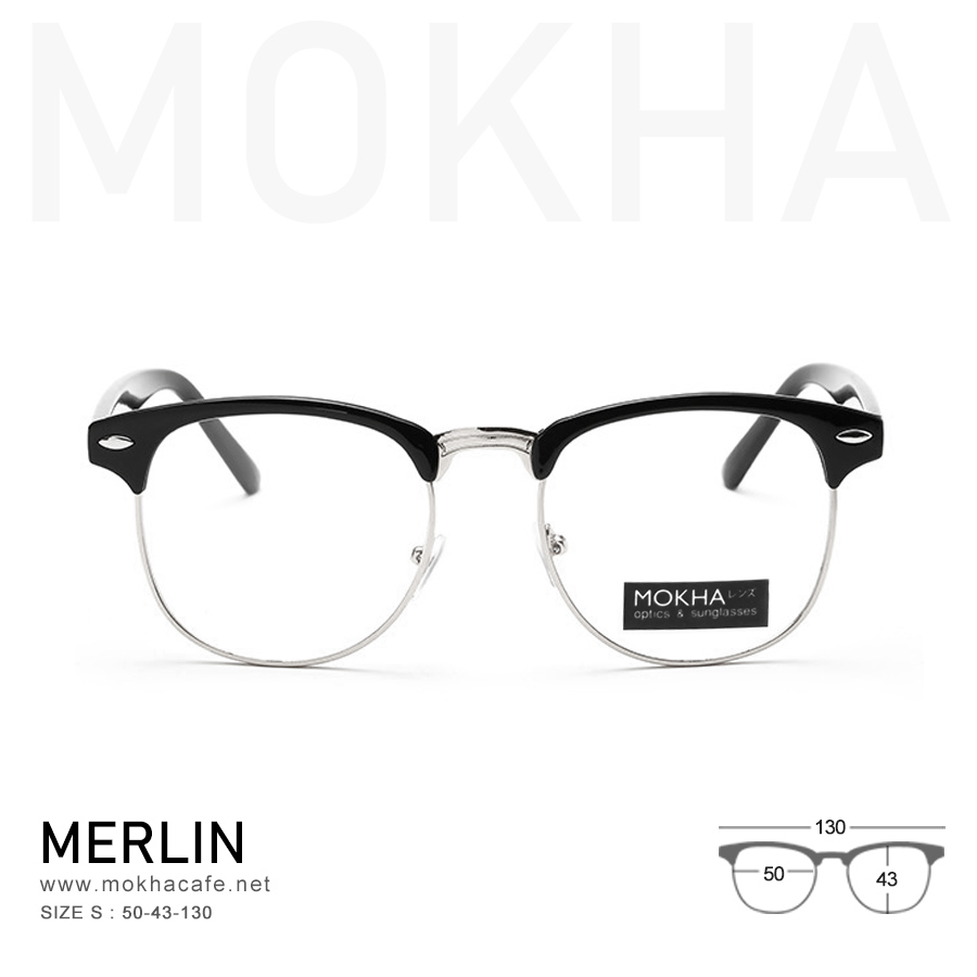(ตำหนิ) MERLIN - silver black กรอบแว่น วินเทจ แว่นตา ClubMaster น้ำหนักเบา กว้าง 130 มม. (sizeS) H43