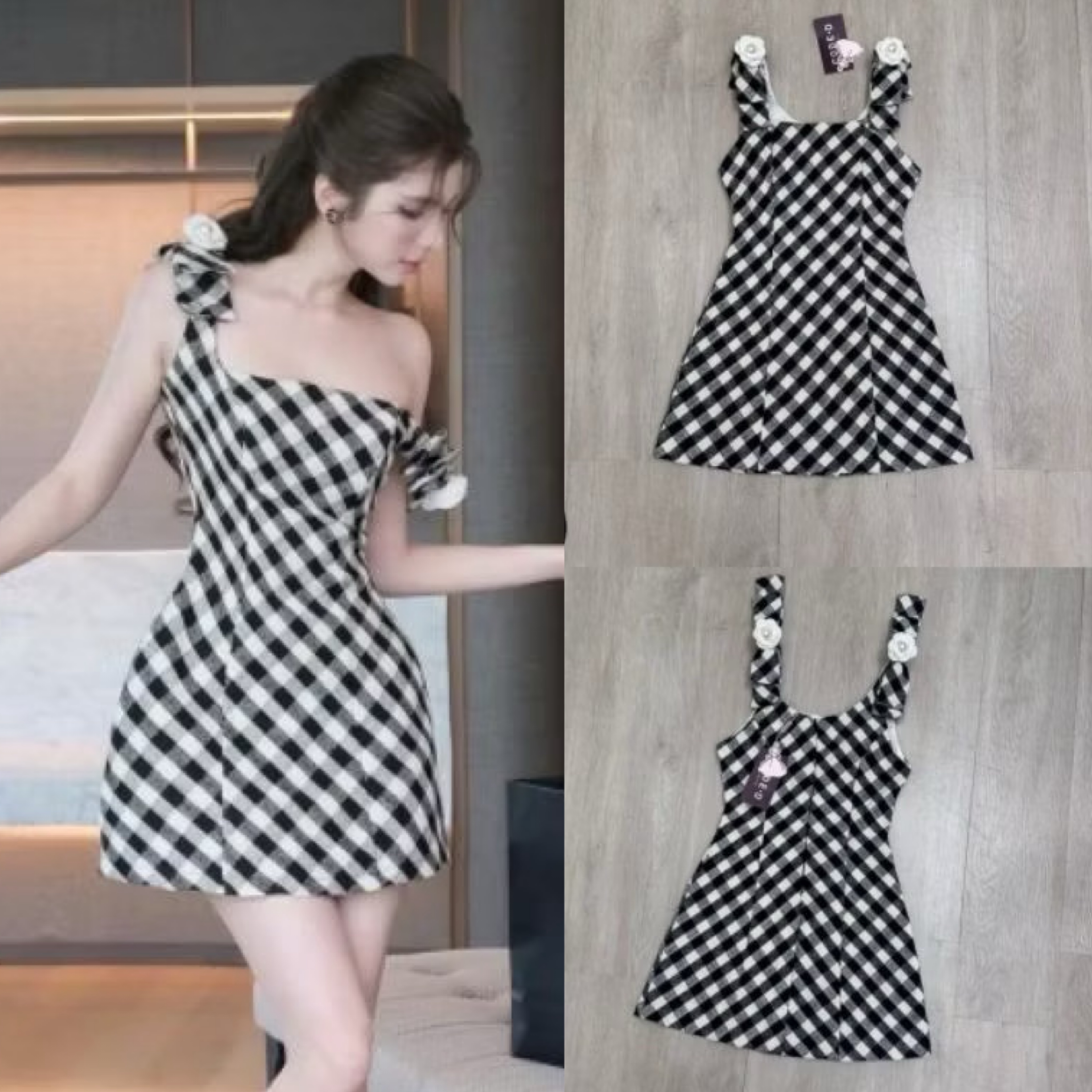 มินิเดรสเนื้อผ้าลายสก๊อตสีดำขาวผ้าทอ ทวีตดีไซน์สายเดี่ยวช่วงบ่าแต่งโบว์ใหญ่/เข็มกลัด ใส่สบาย : สินค้าคุณภาพ (พร้อมส่ง)