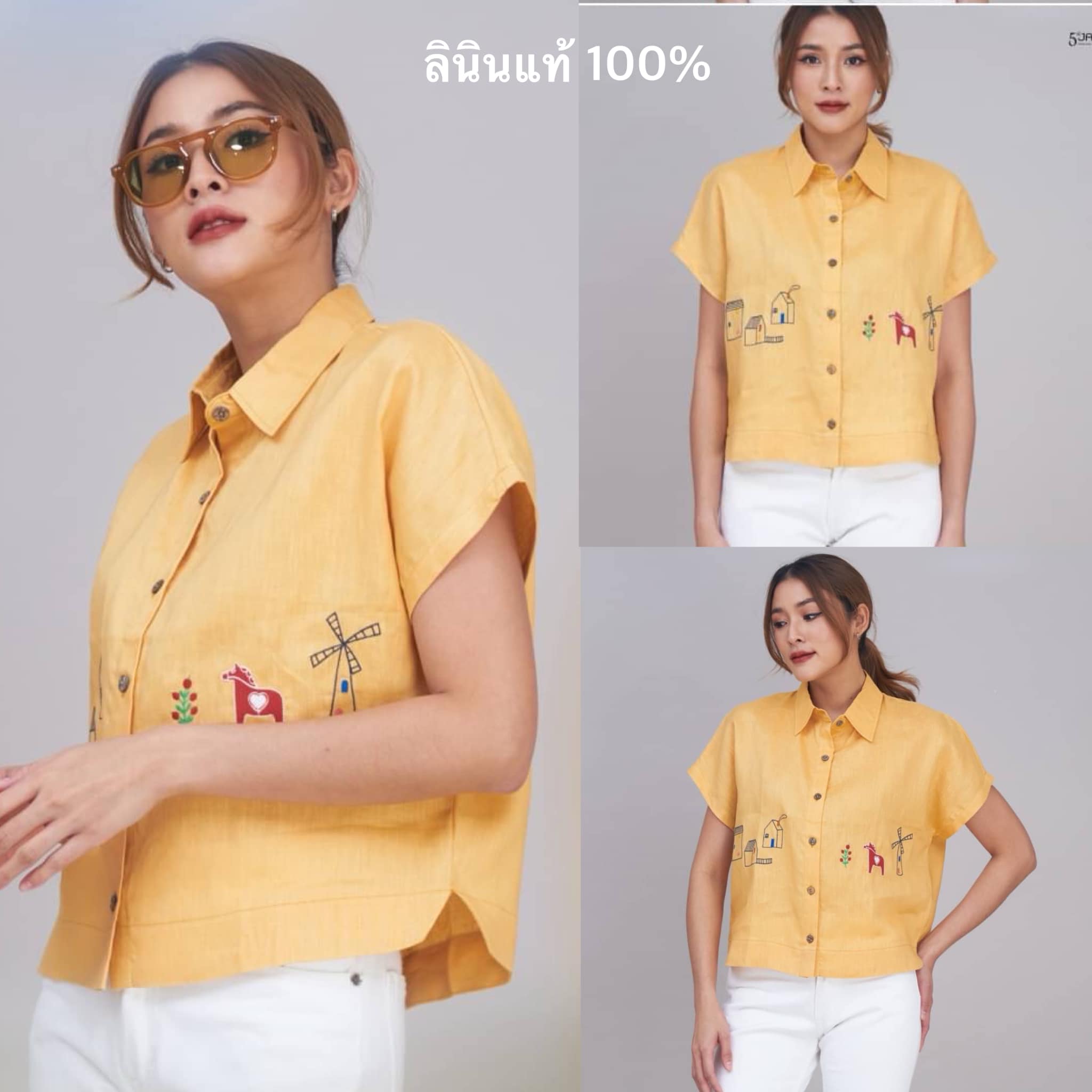 เสื้อเชิ้ตคอปกแขนสั้น ผ้าลินินแท้ 100% ♥️ งานปัก ทรงสวย งานเนียบ : สินค้าคุณภาพ (พร้อมส่ง)