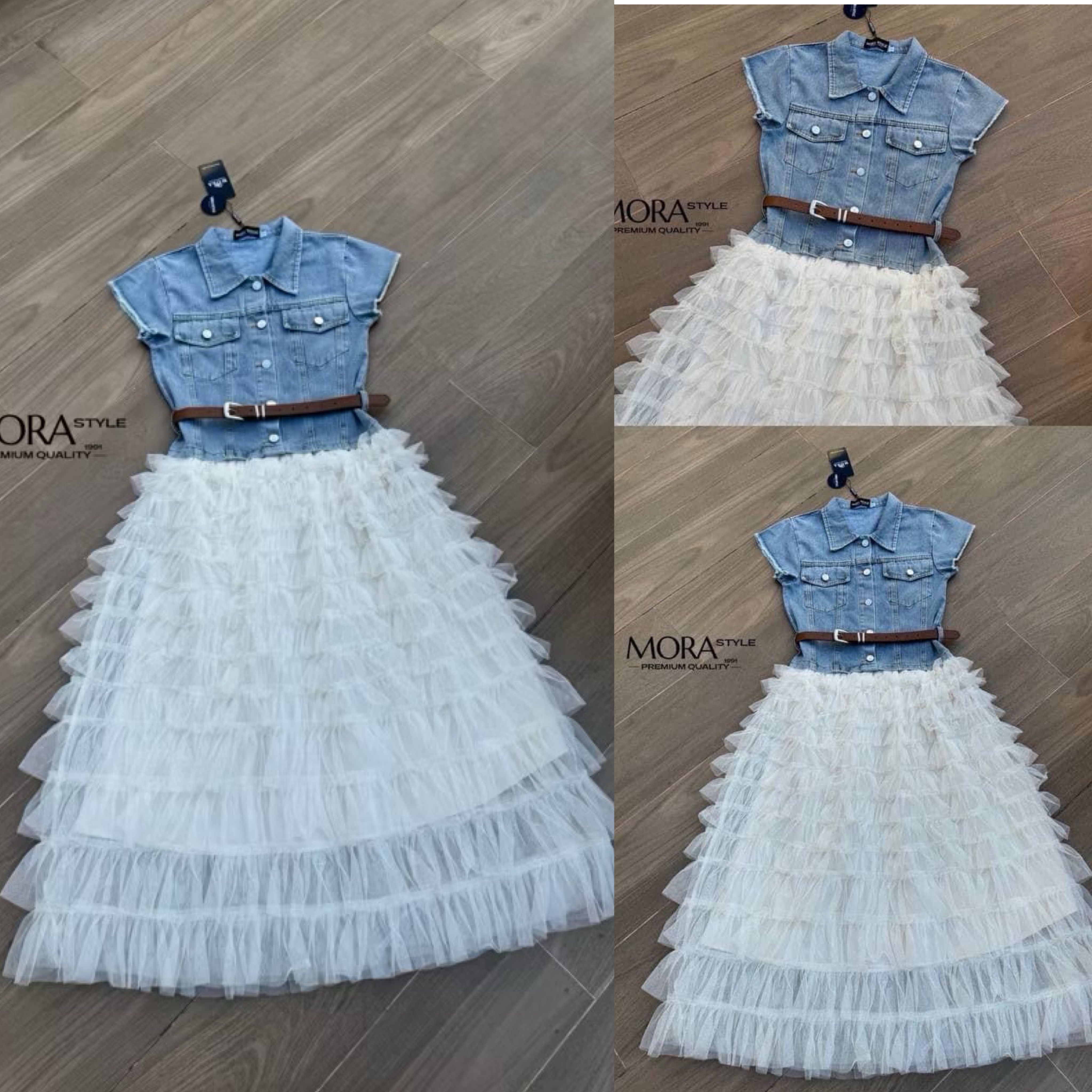 เดรสยีนตัดต่อผ้ามุ้งฟูฟร่อง งานกระดุมหน้า มีเข็มขัดให้ 1 เส้น รุ่นนี้น่ารักมากกก ใส่สบาย : สินค้าคุณภาพ (พร้อมส่ง)