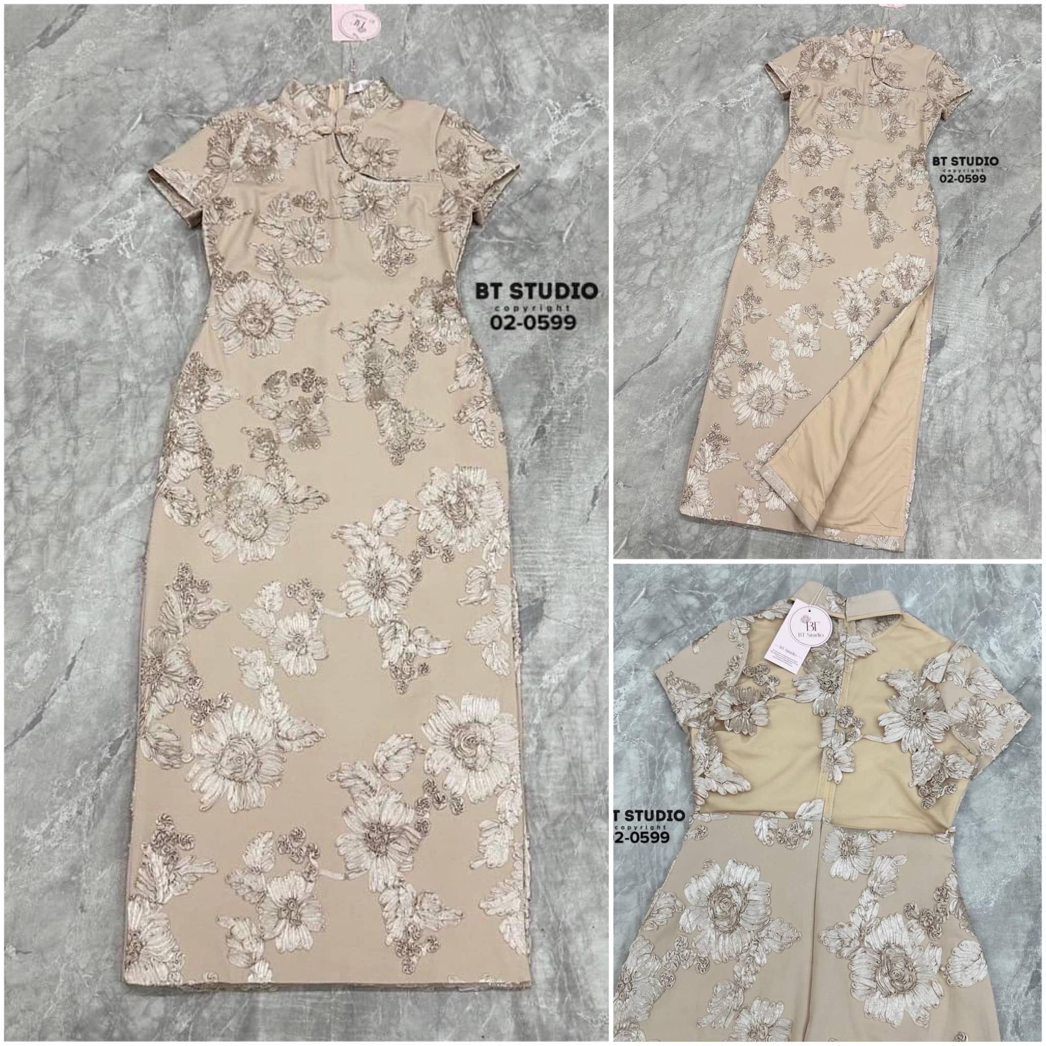 เดรสกี่เพ้าคอจีนแขนสั้น ผ่าด้านข้าง งานปัก แน่น ๆ ทั้งชุด งานสวยมากก ด้านหลังแต่ซีทรูครึ่ง แผ่นหลัง ใส่แล้วเรียบหรู ใส่สบาย สินค้าคุณภาพ (พร้อมส่ง)