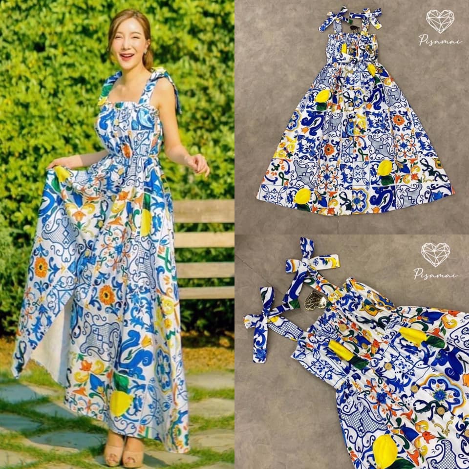 เดรสตัวยาวโบว์ไหล่ลายกราฟฟิกสีฟ้า ใช้ผ้าเยอะมากๆค่ารุ่นนี้ สินค้าคุณภาพ (พร้อมส่ง)