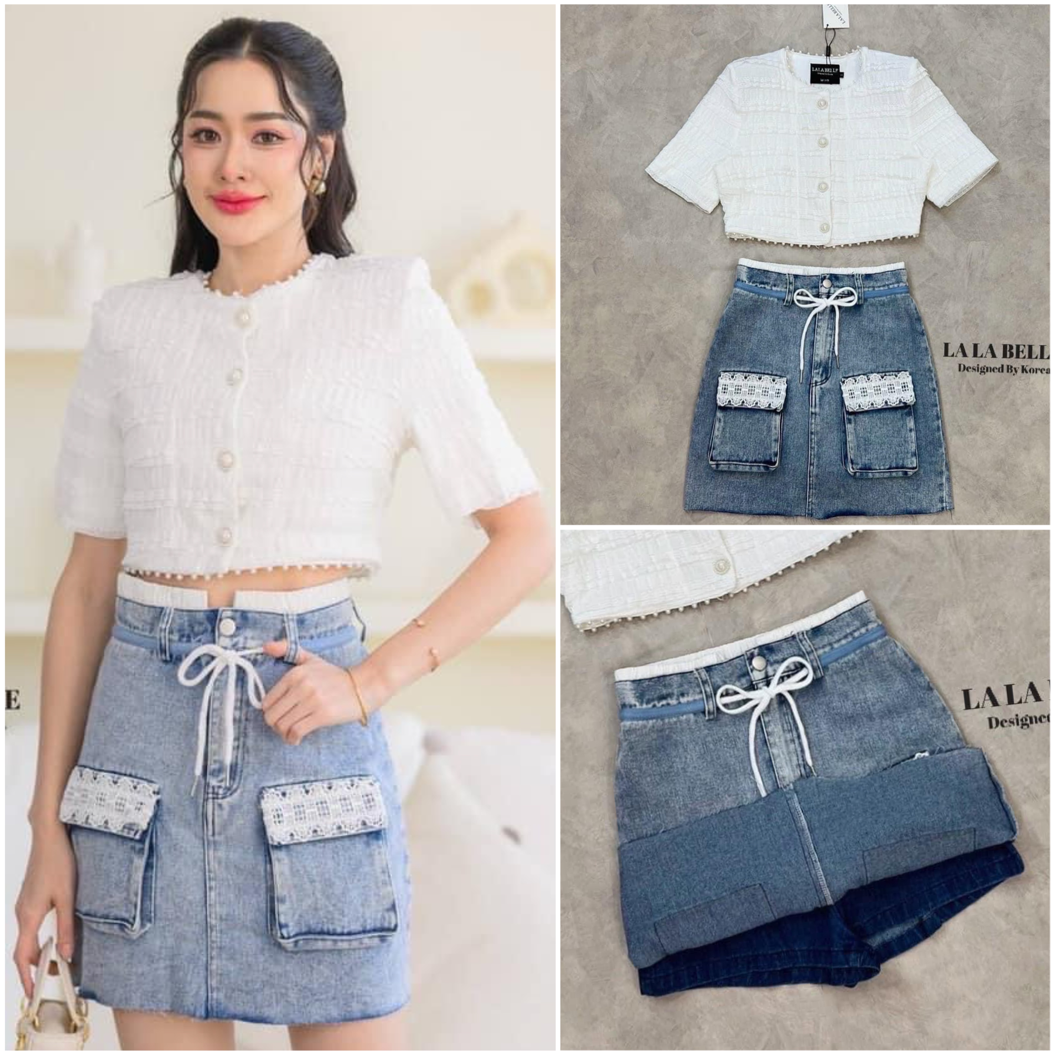 เซต2ชิ้นเสื้อลูกไม้คอกลมกระดุมหน้าแขน สั้นแต่งมุขช่วงคอและชายเสื้อใส่คู่กระโปรงทรงเอ ใส่สบาย : สินค้าคุณภาพ (พร้อมส่ง)