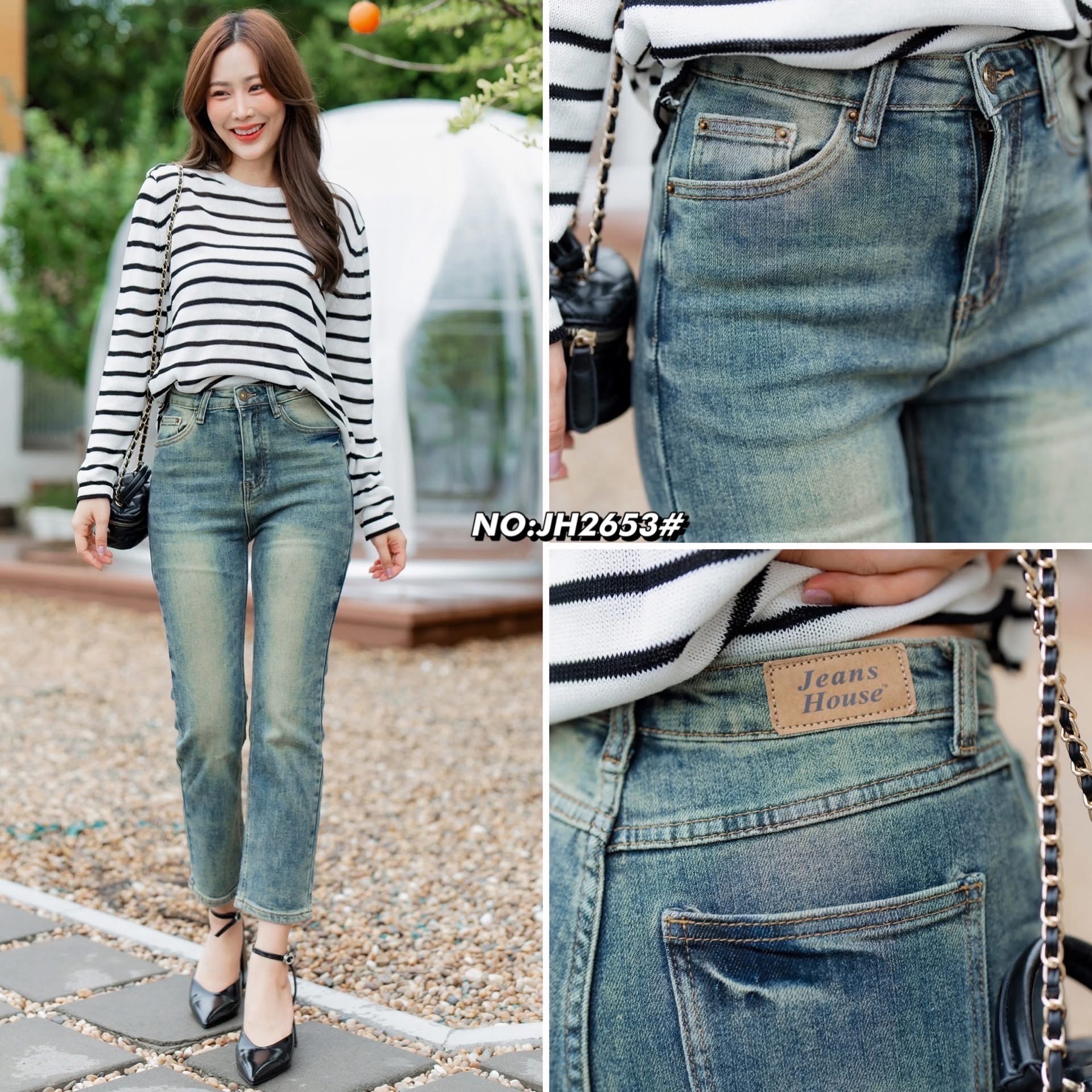 กางเกงยีนส์ทรง 8 ส่วน เอวสูง ผ้ายีนส์ยืดเนื้อดีมาก ทรงขาตรง ใส่น่ารักมากๆค่า ใส่สบาย : สินค้าคุณภาพ (พร้อมส่ง)