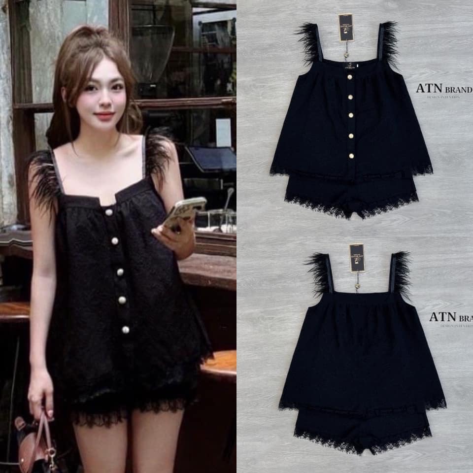 ชุดset 2ชิ้น เสื้อสายเดี่ยวแต่งขนนก สุดหรูที่ไหล่ มาพร้อมกางเกงทรงสวยเป๊ะ : สินค้าคุณภาพ (พร้อมส่ง)