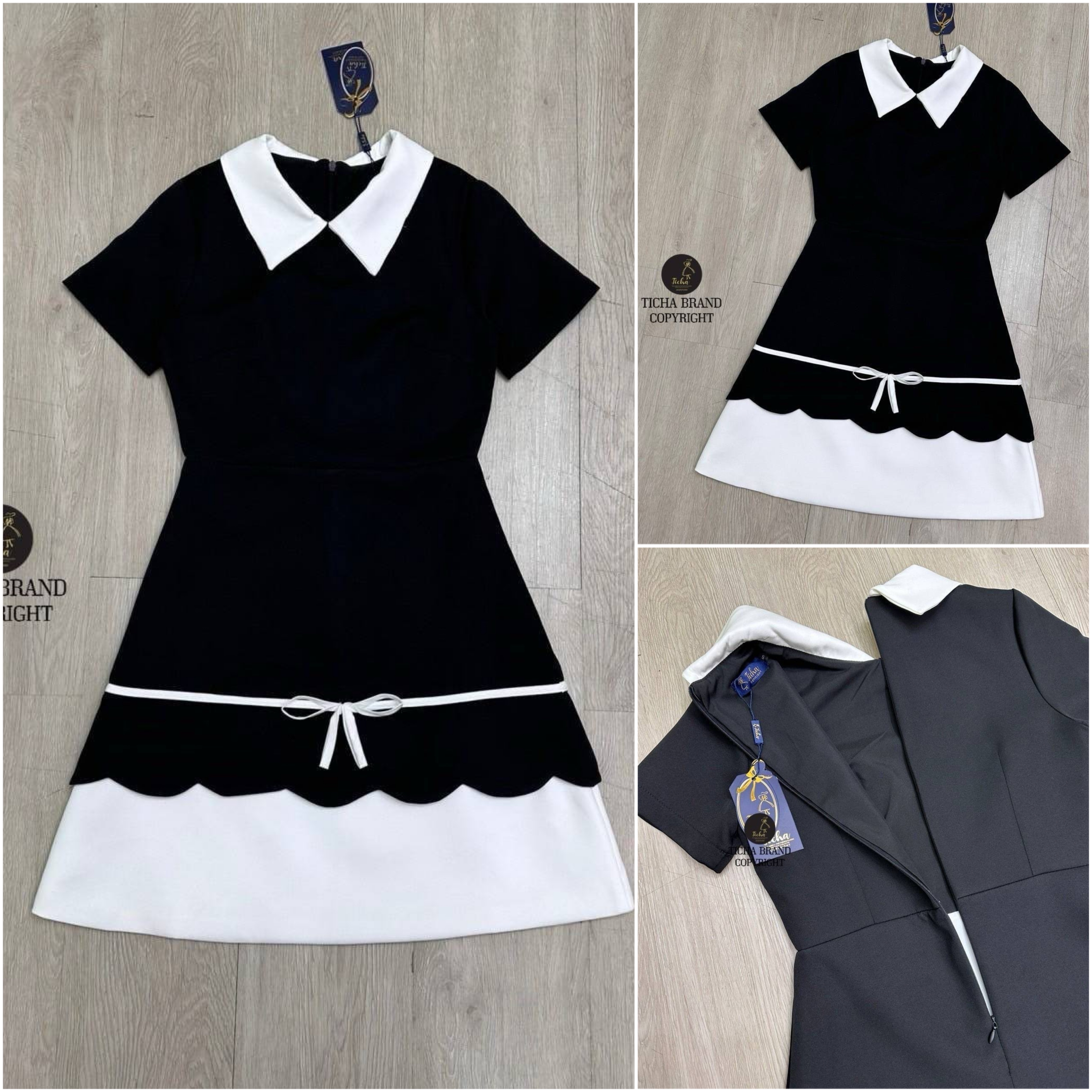 มินิเดรสสีดำคอปกสีขาวแขนสั้น ช่วง อกเรียบ ( มีซิปหลังซ่อนอย่างดี ) ตัวเดรสทรง เข้ารูป ใส่สบาย : สินค้าคุณภาพ (พร้อมส่ง)