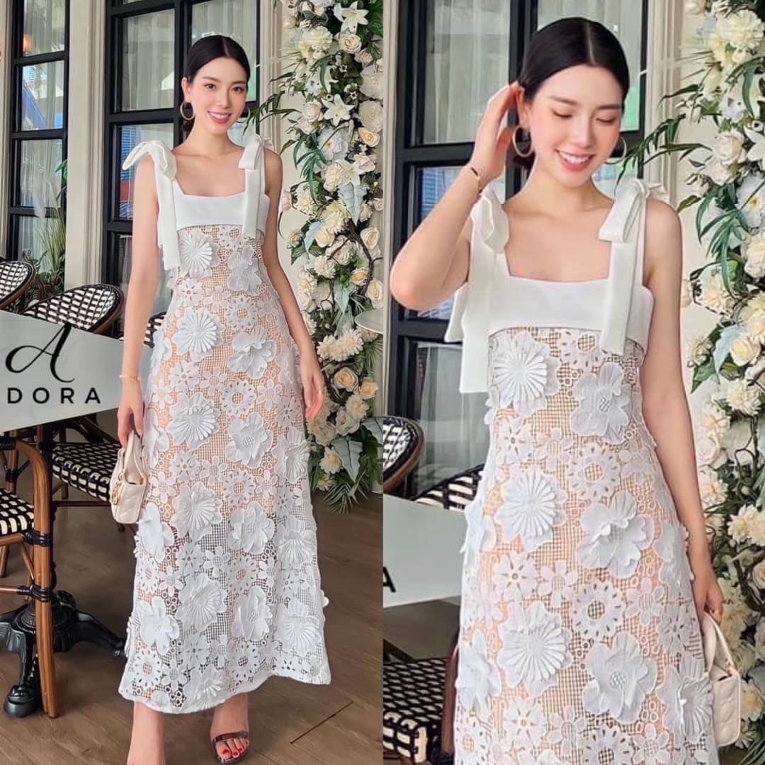 เดรสสายเดี่ยวลูกไม้ เนื้อผ้าลูกไม้ทอลายสามมิติงานมีฟองน้ำในตัว ใส่สบาย : สินค้าคุณภาพ (พร้อมส่ง)