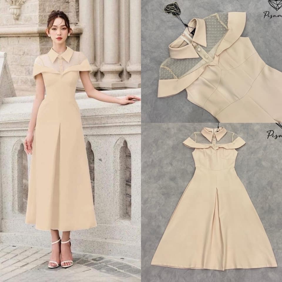 เดรสทรงไหล่คลุมคอปกซีทรู สีครีมตัวยาวทรงกระโปรงบาน เรียบ หรู ใส่สบาย สินค้าคุณภาพ (พร้อมส่ง)